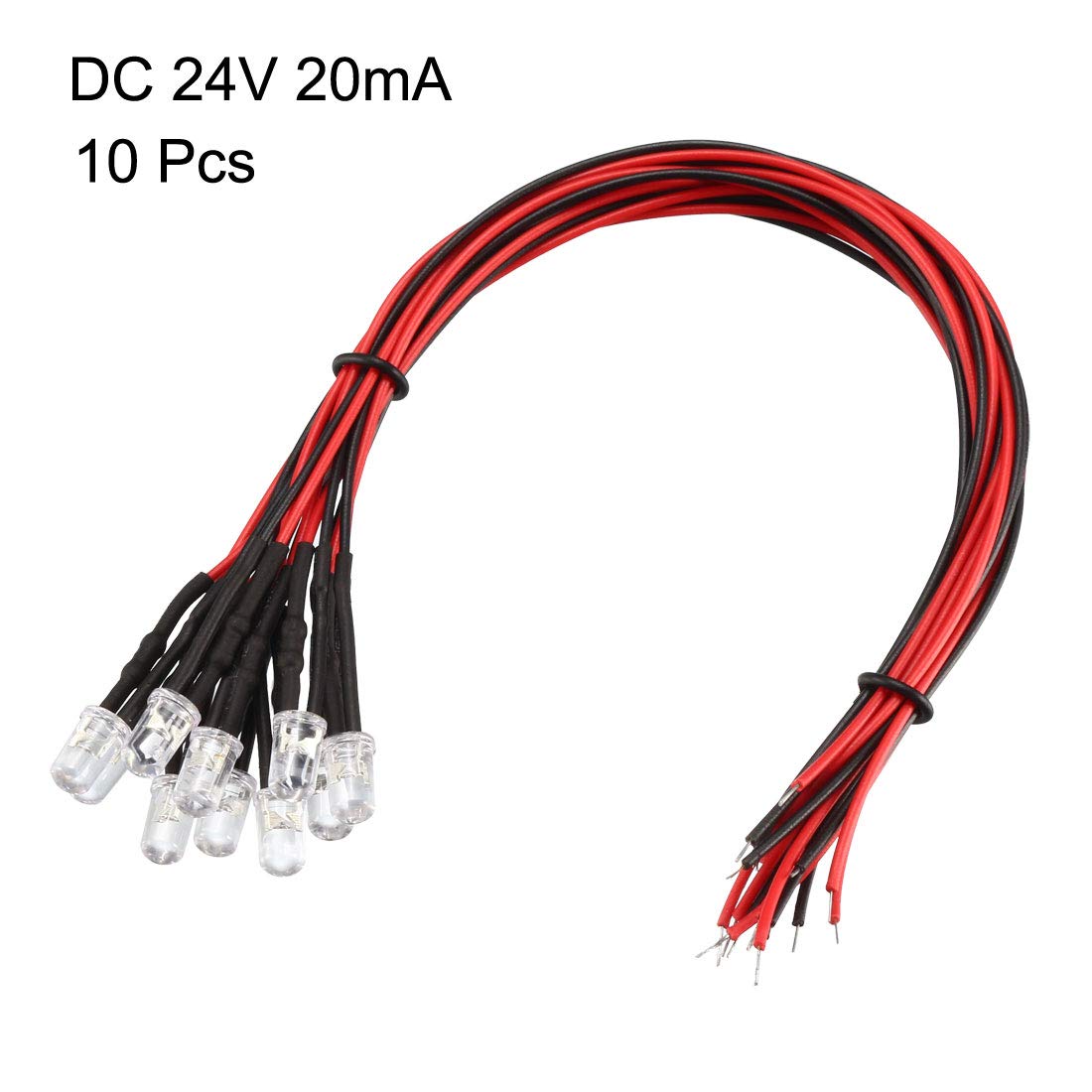 10Pcs 5mm Pre-Wired White LED - DC24V Clear Lens With 20cm Wires