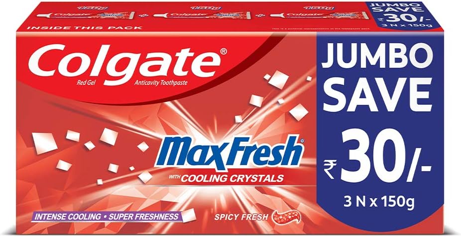 Colgate MaxFresh Toothpaste, Red Gel Paste with Menthol for Super Fresh Breath, 450g, 150g X 3 (Spicy Fresh)