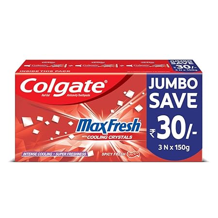 Colgate MaxFresh Toothpaste, Red Gel Paste with Menthol for Super Fresh Breath, 450g, 150g X 3 (Spicy Fresh)