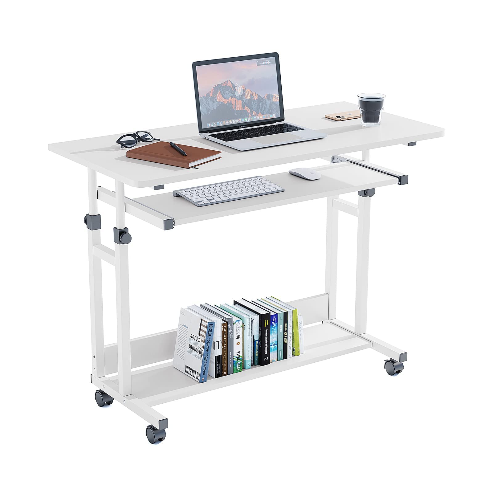 Dripex Schreibtisch höhenverstellbar, Computertisch mit Rollen, Schreibtisch klein auf Rollen, platzsparender Laptoptisch mit Tastaturauszug und Regal, PC Tisch klein für Home Office, Weiß