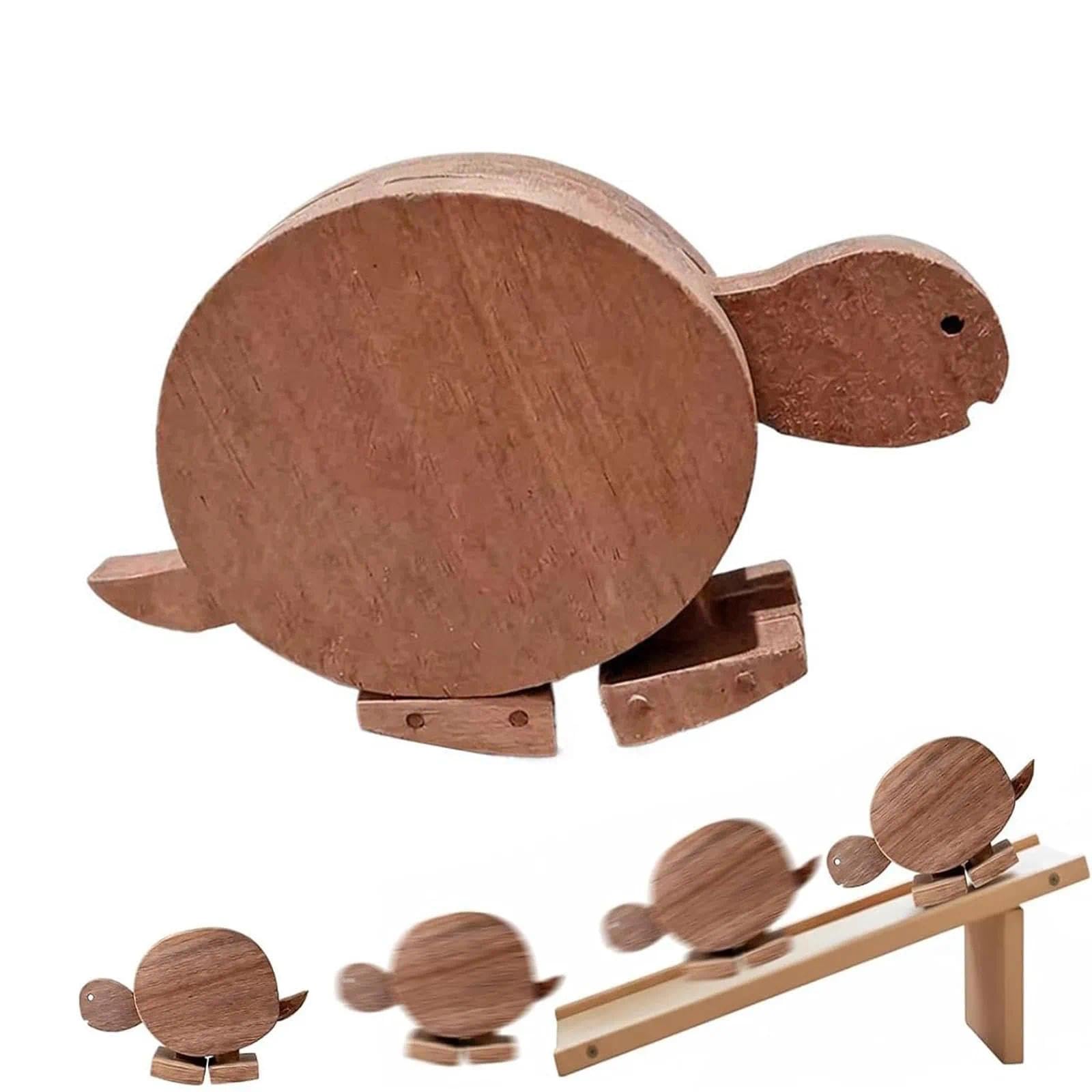 Ficugxd Handmade Walking Wooden Animals,Wooden Ramp Animal Toys,Rocking-Wooden Figure With Movable Legs,Ducational Rabbit Elephant & Turtle Statue Ornaments,Balance Walking Sculpture(A)