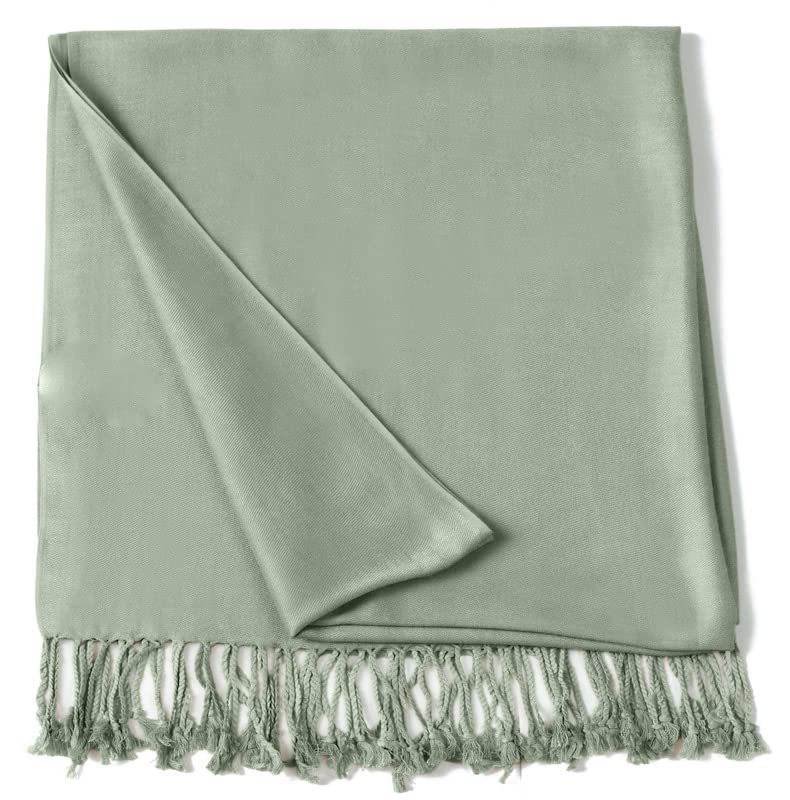 CJ Apparel Laurel Green Sage/Light/Pale/Grey Green Solid Color Tassels Design Nepalese Shawl Seconds Scarf Wrap Stole Throw Head Wrap Pashmina Hand Made in Nepal New3