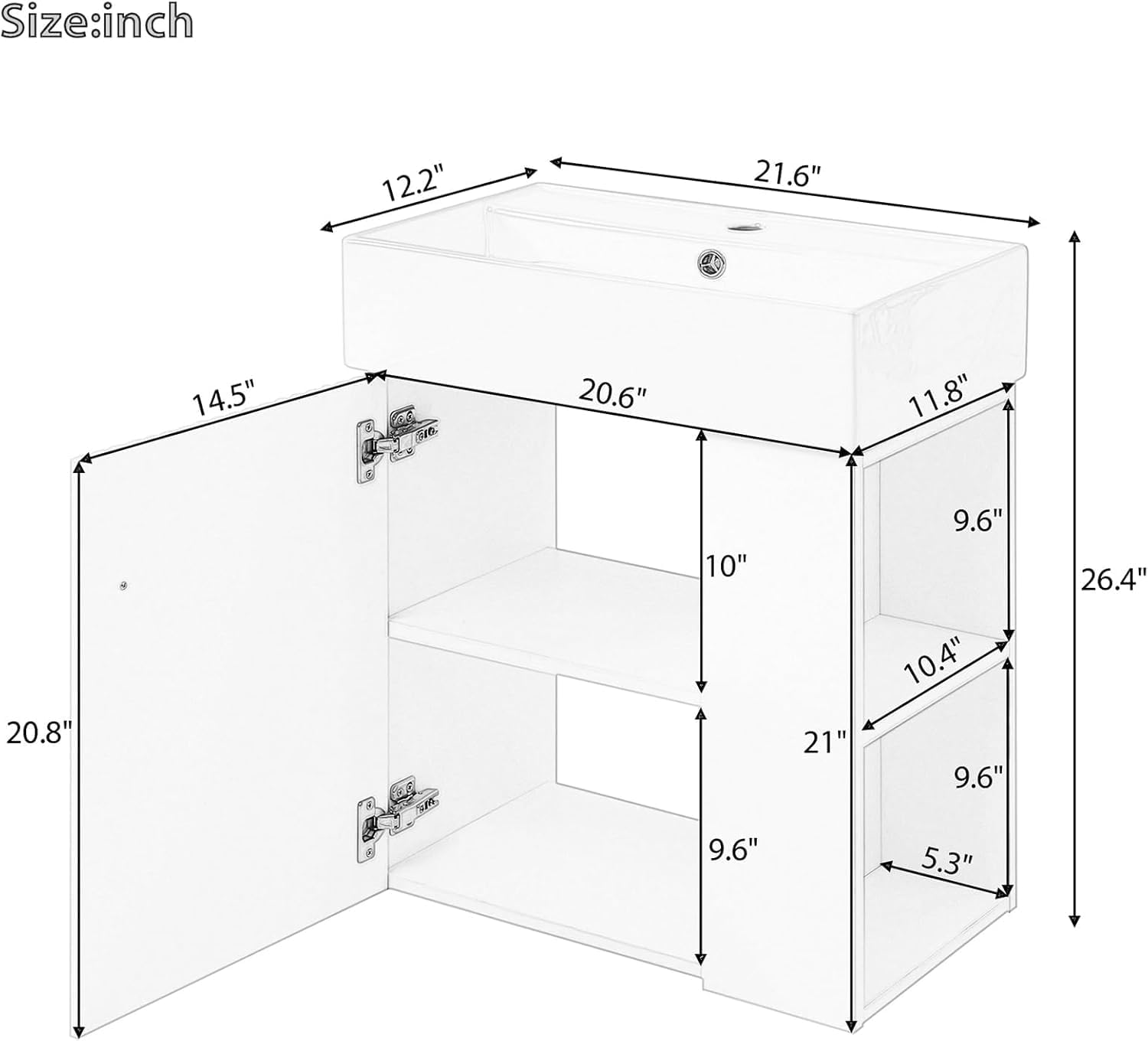 Virubi 21.6 in Floating Bathroom Vanity with Sink,Soft Closing Doors,Solid Wood Frame & MDF Modern Single Small Bathroom Vanity Cabinet with Open Shelf,Wall Mounted (Grey,Right Shelves)