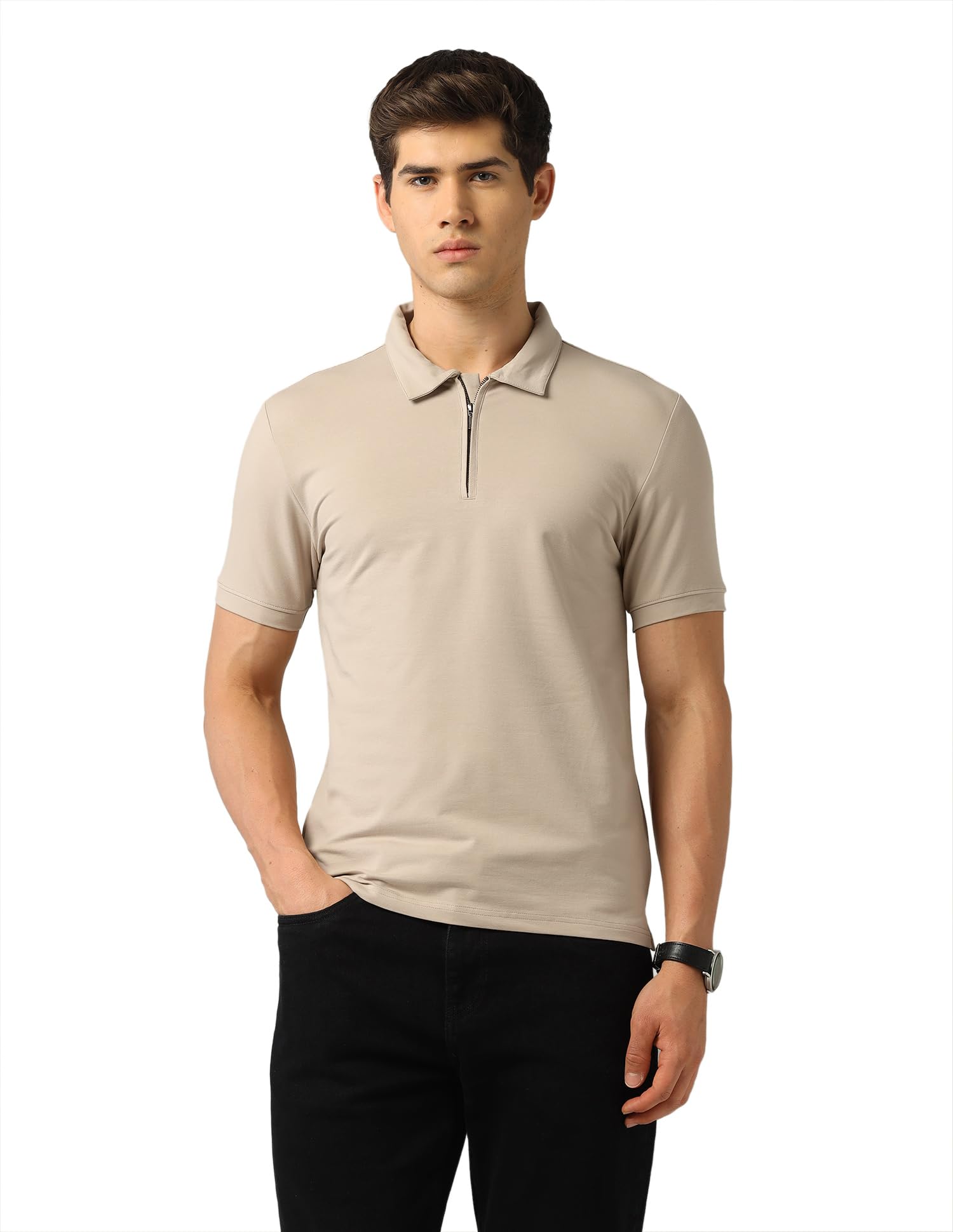 arvind Solid Modern Slim Fit Polo Shirt Beige-picture-16