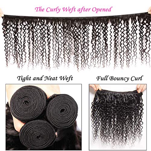 Ali Julia Hair Brazilian Virgin Curly Hair 3 Bundles with Lace Closure 4X4 Free Part 8A Grade 100% Unprocessed Human Hair Extensions Natural Color(14 16 18+12 inch)