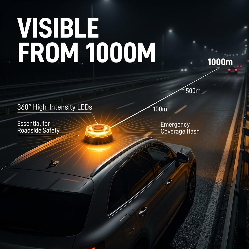 Lampe d’avertissement V16, 1 Unité Balise de Signalisation Magnétique pour Voiture et Moto, Lumière d'Urgence Haute Visibilité 1km Remplace Triangle, Étanche IP54 Orange
