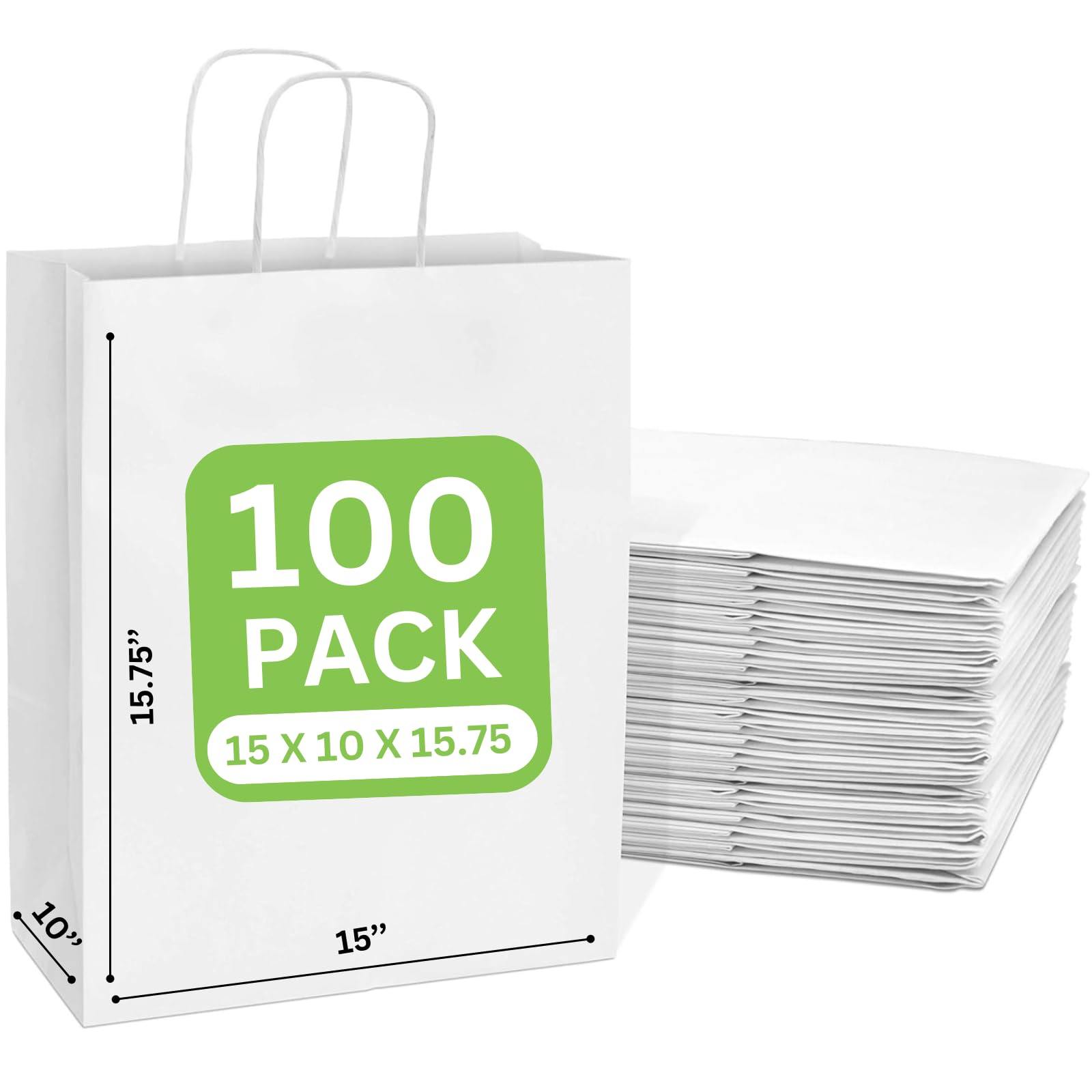 JET PAPER BAGS - 15”x10”x15.75” [100 Pcs] Large White Paper Bags with Handles Prime for Takeout, Grocery, Goody, Retail, Party, Gifts, Weddings -