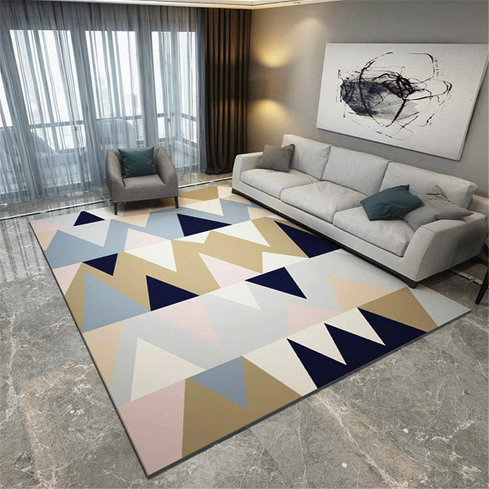 Tapis de hall anti-dérapant rectangle rose et bleu à motif triangle géométrique en velours court 80x160