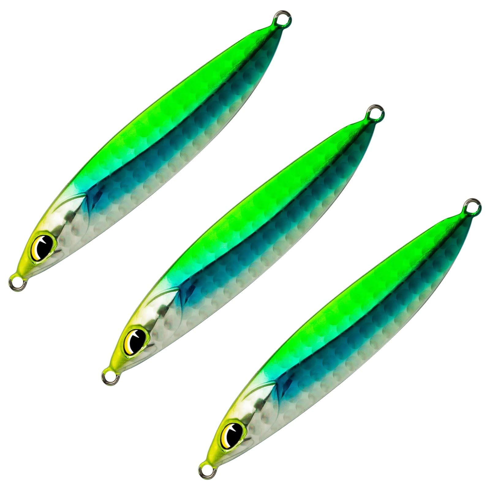 Lot de 3 leurres de pêche 16 g, jigs à Strass pour Eau salée, Design Feuille de Saule, coulée Rapide, Lancers lointains, leurres-cuillers métal, hameçon métal, Finition Vert Lumineux, pour pêche en