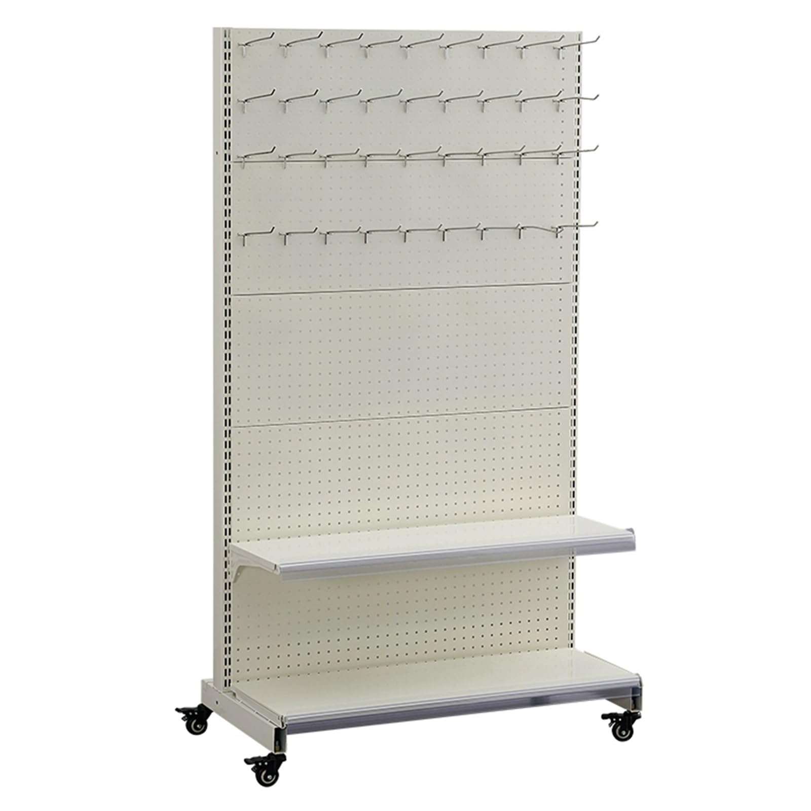 Werkzeugwand Metall Lochwand mit 30 Haken, Ablagen und Universalrollen, Freistehende, Bewegliche Stehende Stecktafel-Display(123 * 164cm/48 * 65in)