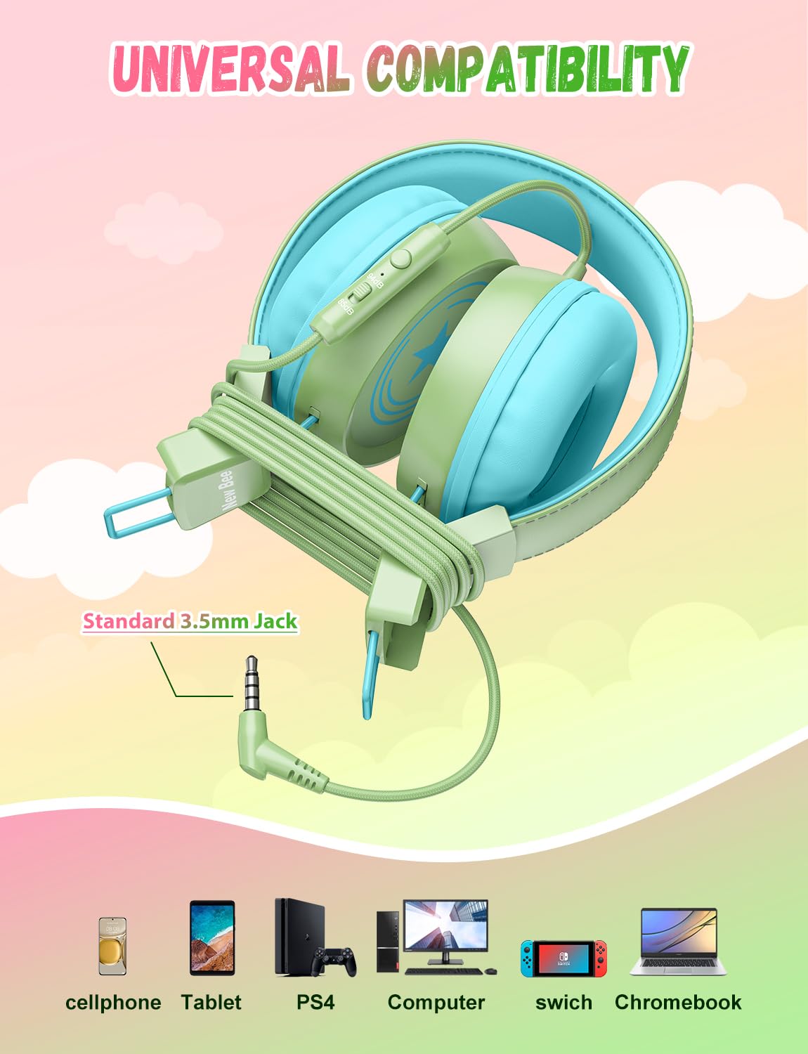 New Bee Confezione da 2 cuffie per bambini con microfono, 85 dB/94 dB, volume sicuro limitato, cuffie pieghevoli per bambini, per scuola, viaggi, Mac, Android, Kindle, tablet, pad, colore: verde e