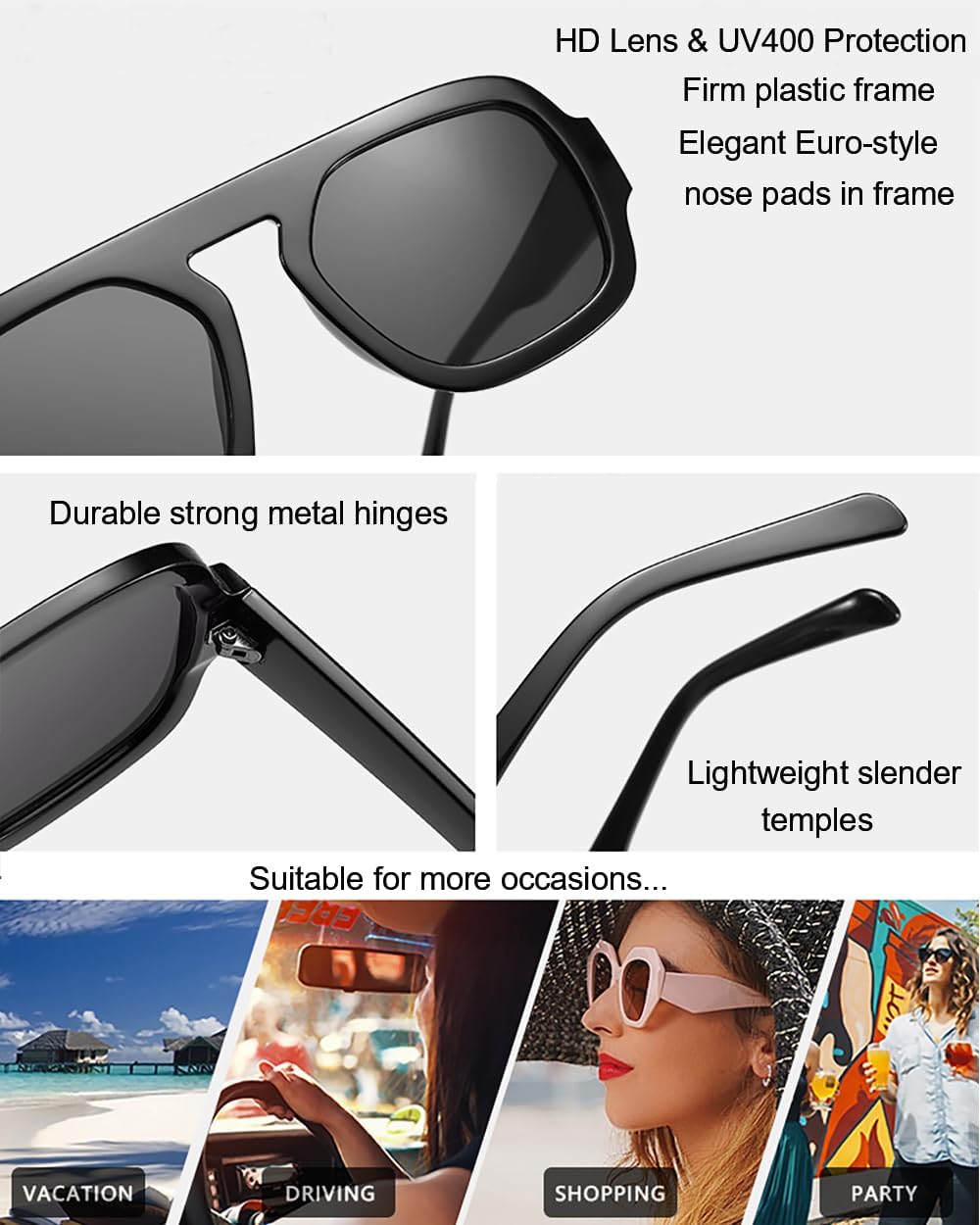 Retro Square Sunglasses Women Men Designer Inspired Aviator Shades Flat Top Vintage Plastic Frame - Image 3