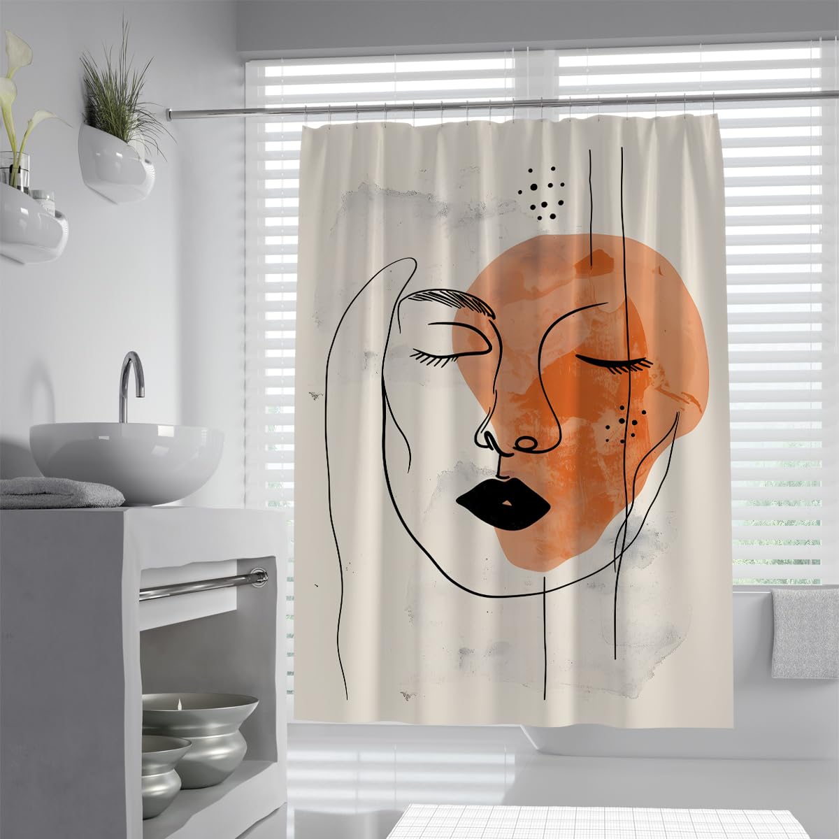 UIRINGART Boho Woman Face Line Art Bathroom Curtain W120xL180cm Modern Abstract Female Terracotta Orange Fabric Mildew Resistant Washable Wet Room Shower Screen With Hook