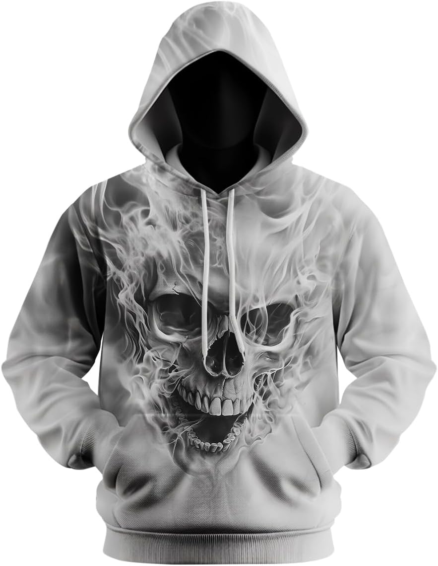 Men's Casual Skull Hoodies Sweatshirt Vintage Graphic Pullover Long Sleeve with Pocket - Image 2