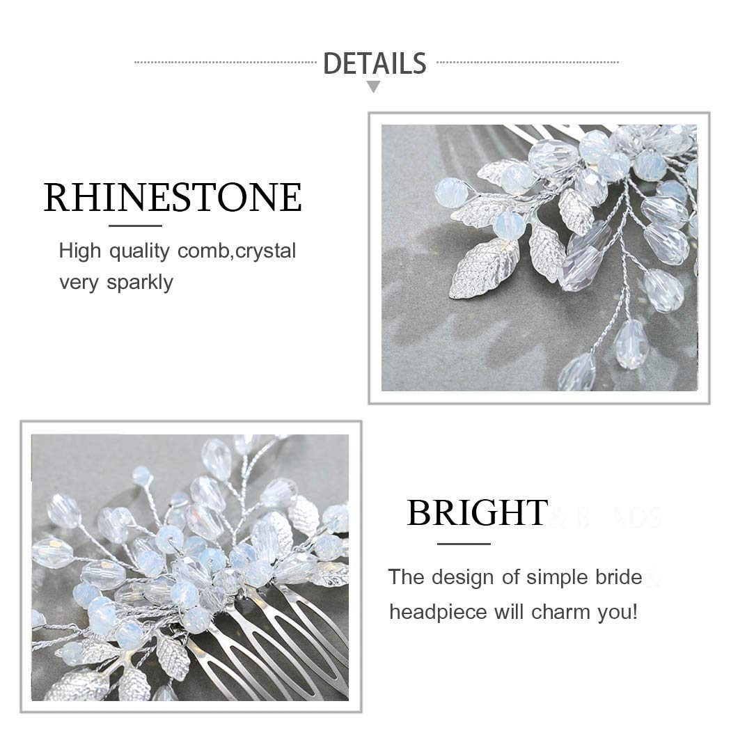 Easedaily Crystal Bride Wedding Hair Comb Silver Leaf Bridal Hair Piece Opal Rhinestone Side Comb Bridal Hair Accessories for Women and Girls - Image 3
