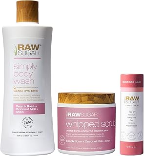 Sponsored Ad - Raw Sugar Beach Rose + Coconut Milk + Shea Body Love Bundle - Sensitive Skin Body Wash, Body Scrub & Deodor...