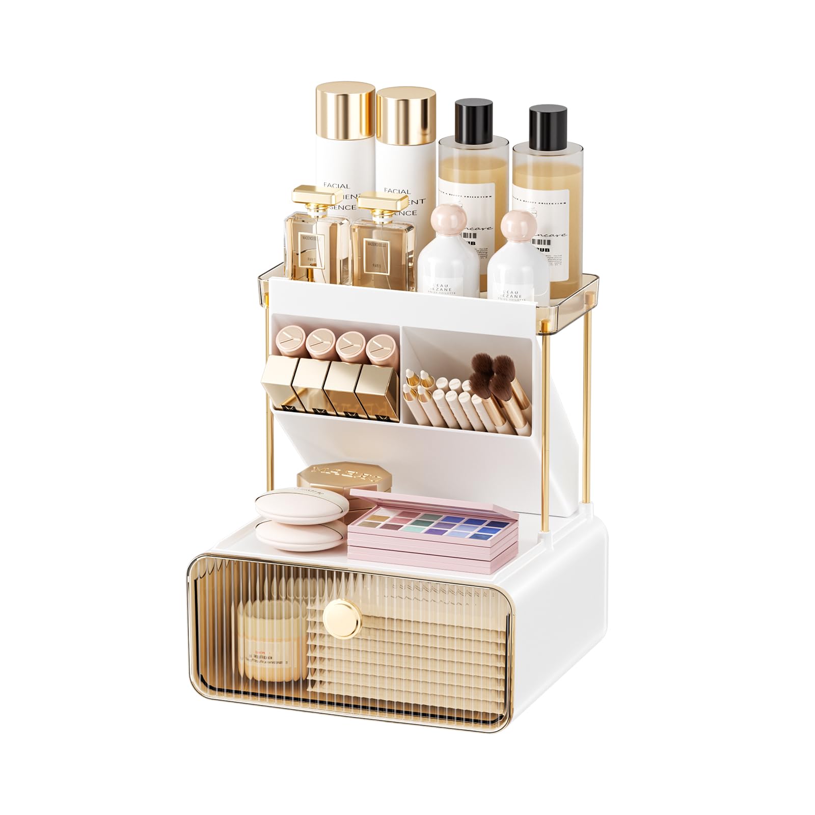 Anlynwooh Makeup Organizer with Drawer, Bathroom Organizers and Storage?Makeup Brush Holder,Lipstick and Perfume Organizer,Cosmetic and Vanity Organizer,Desk Organizer (AMBER)