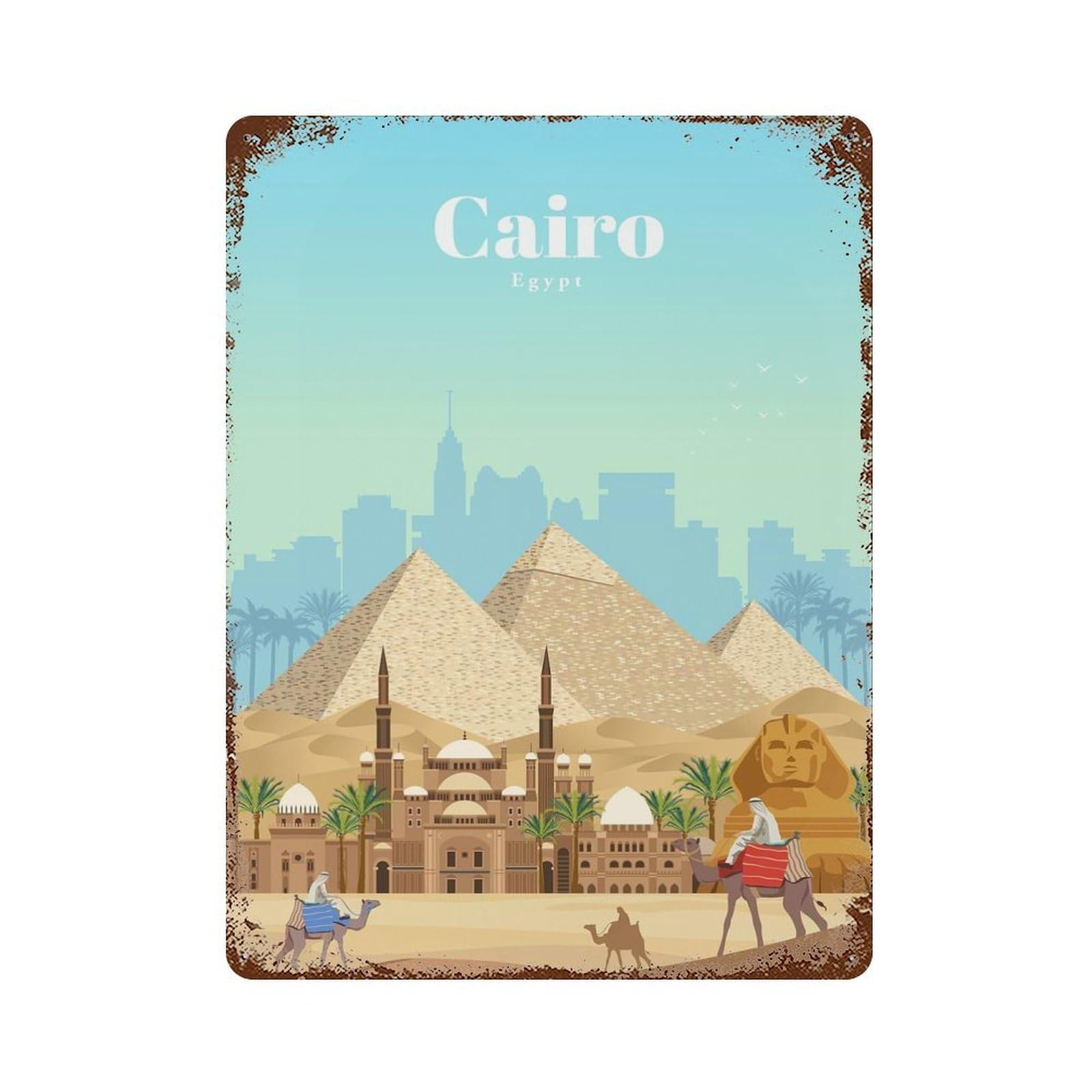 Distressed Metal Wall Sign Travel to Cairo 15.7"x11.8", Vintage Wall Decor for Cafe, Home Bar And Lounge Decor