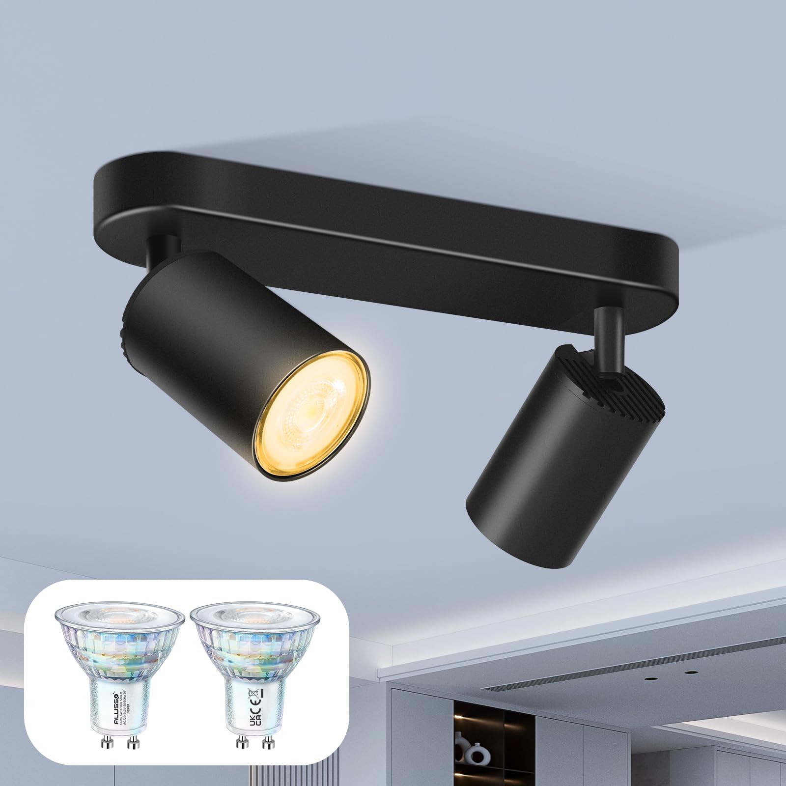 LED Ceiling Spotlight 2 Spotlights, Removable GU10 Wall Spotlight 350° Swivel, 5W 2700K Black Spotlight for Living Room, Bedroom and Hallway Including GU10 Bulb