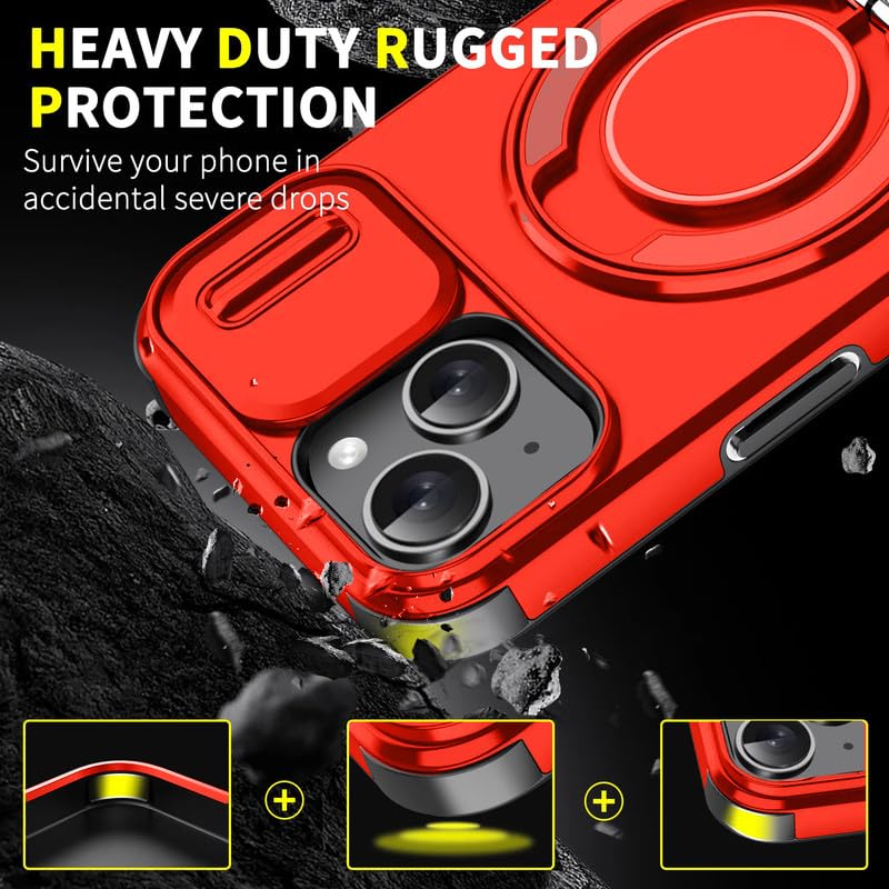 Image of LuxuryKase Shockproof Rugged Case for iPhone 15 | Slide Camera Cover | 360 Rotating Ring Kickstand | Military-Grade Protection - Cherry Red