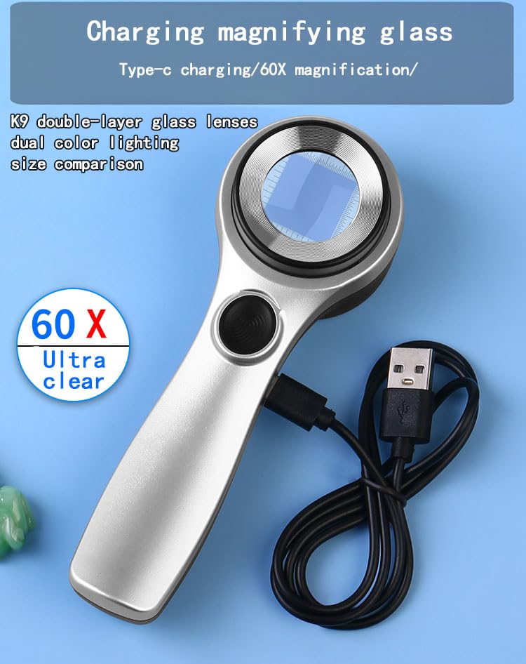 Pick wish 60x Handheld Charging Magnifying Glass with lamp, UV Purple Light, K9 Optical Glass high-Definition Lens (Black)