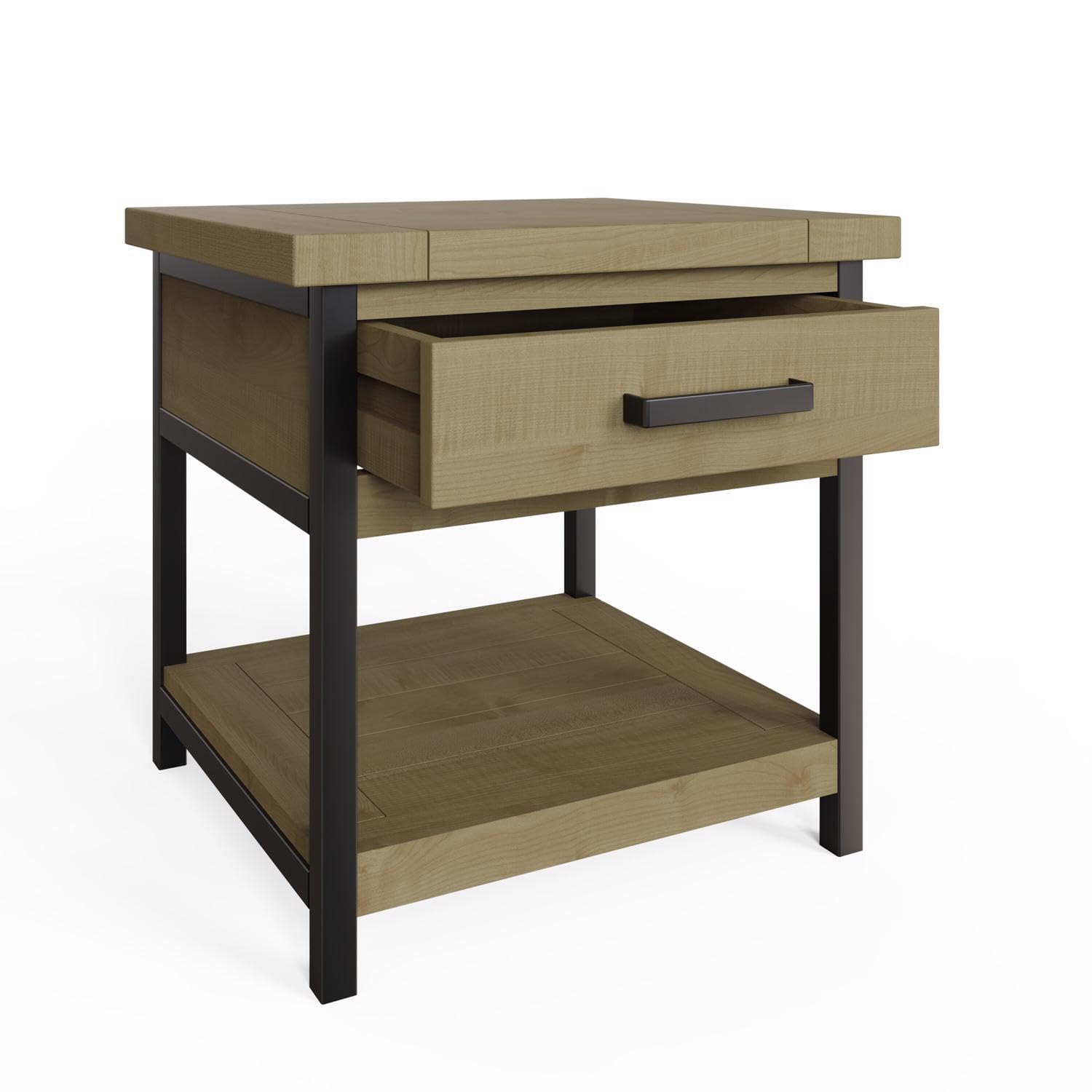 Solid Pine Driftwood Side Table - Gunmetal Grey Base - Two Drawers - FWStyle