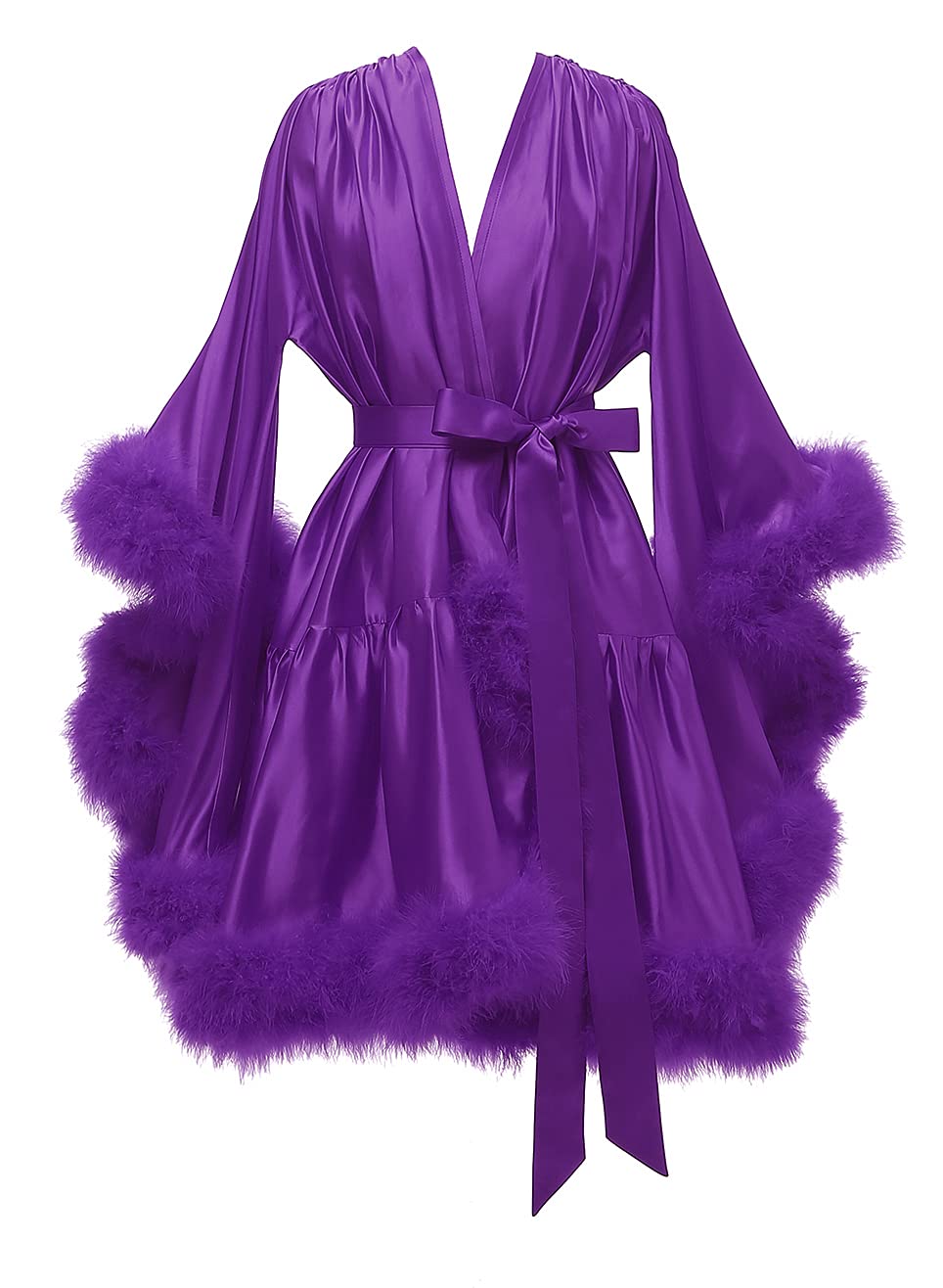 Sexy Feather Robes Dressing Gowns Nightwear Shiny Smooth Silk Satin Plush Fur Cuff Short Nightie