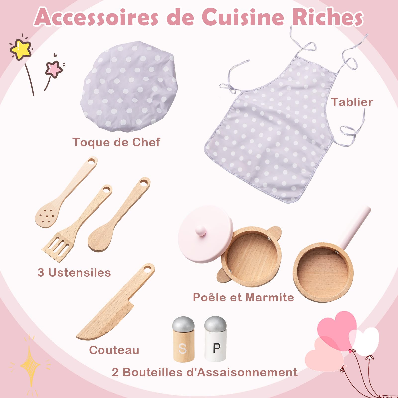 COSTWAY Cuisine Enfant en Bois avec Lumière & Son & 10 Accessoires, Jeu de Cuisine Enfant avec Évier Amovible & Poêles Double, Espace de Rangement, Jeu de Rôle pour Enfant de 3 Ans+ (Rose)