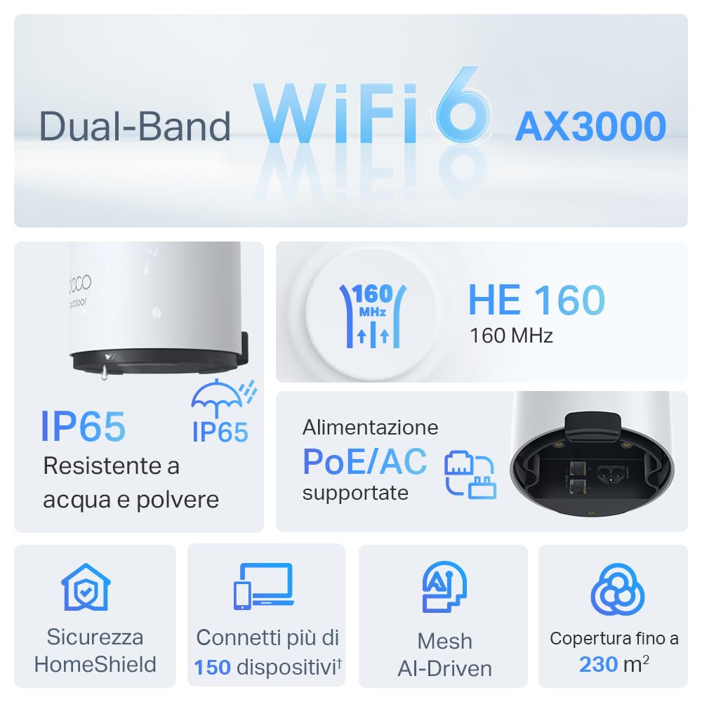 TP-Link Deco X50-Outdoor Router AX3000Mbps Access Point Esterno Mesh WiFi 6 Dual Band, IP65 Resistenza alla Polvere e all'Acqua, Palo e Montaggio a Parete, Alimentazione Poe/AC, Alexa, Uno Copre 230㎡