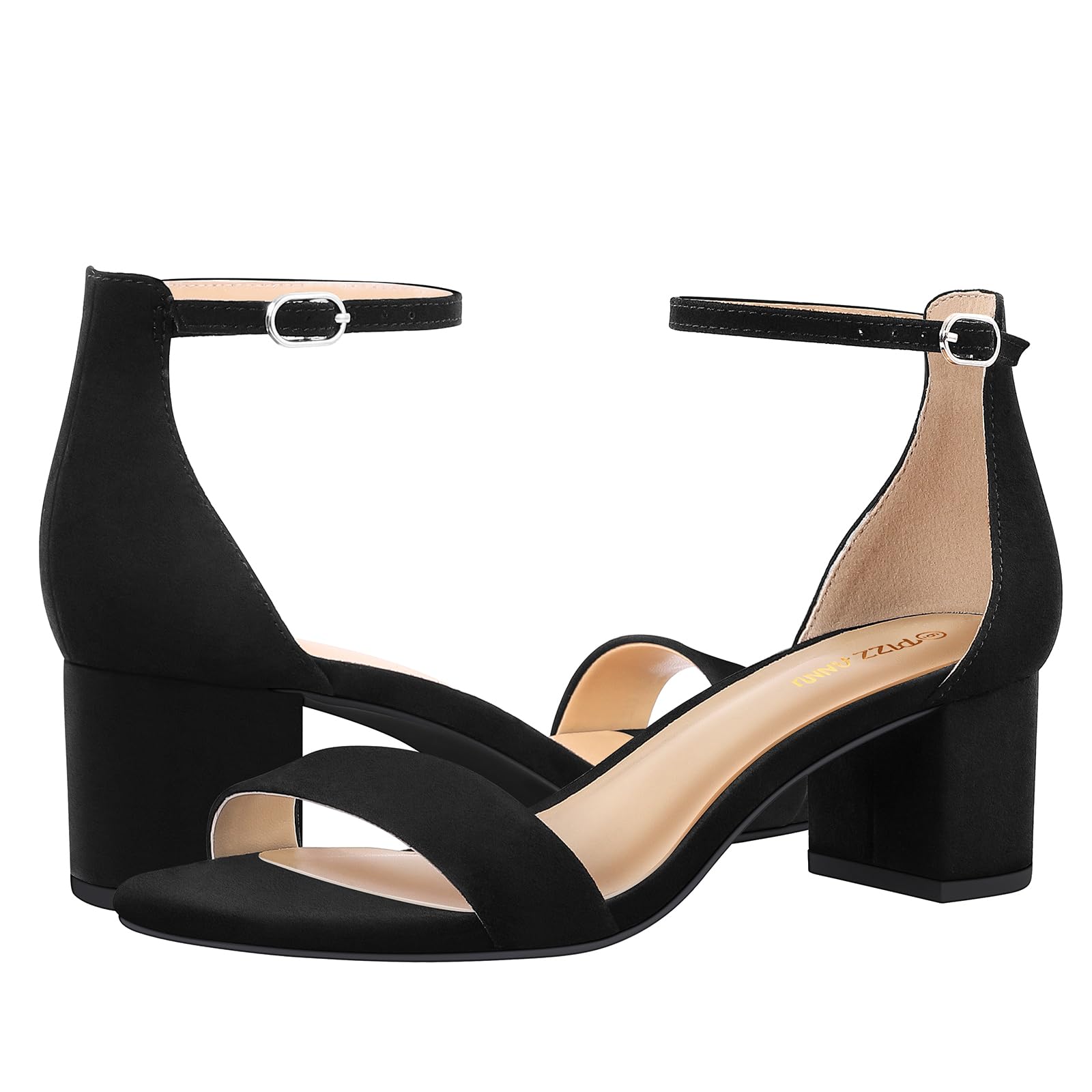 PIZZ ANNU Sandalias de tacón grueso de bloque bajo para mujer, cómodas, puntera abierta, correa al tobillo, zapatos de fiesta, zapatos de tacón con hebilla de tiras y diseño de tacón grueso de 2