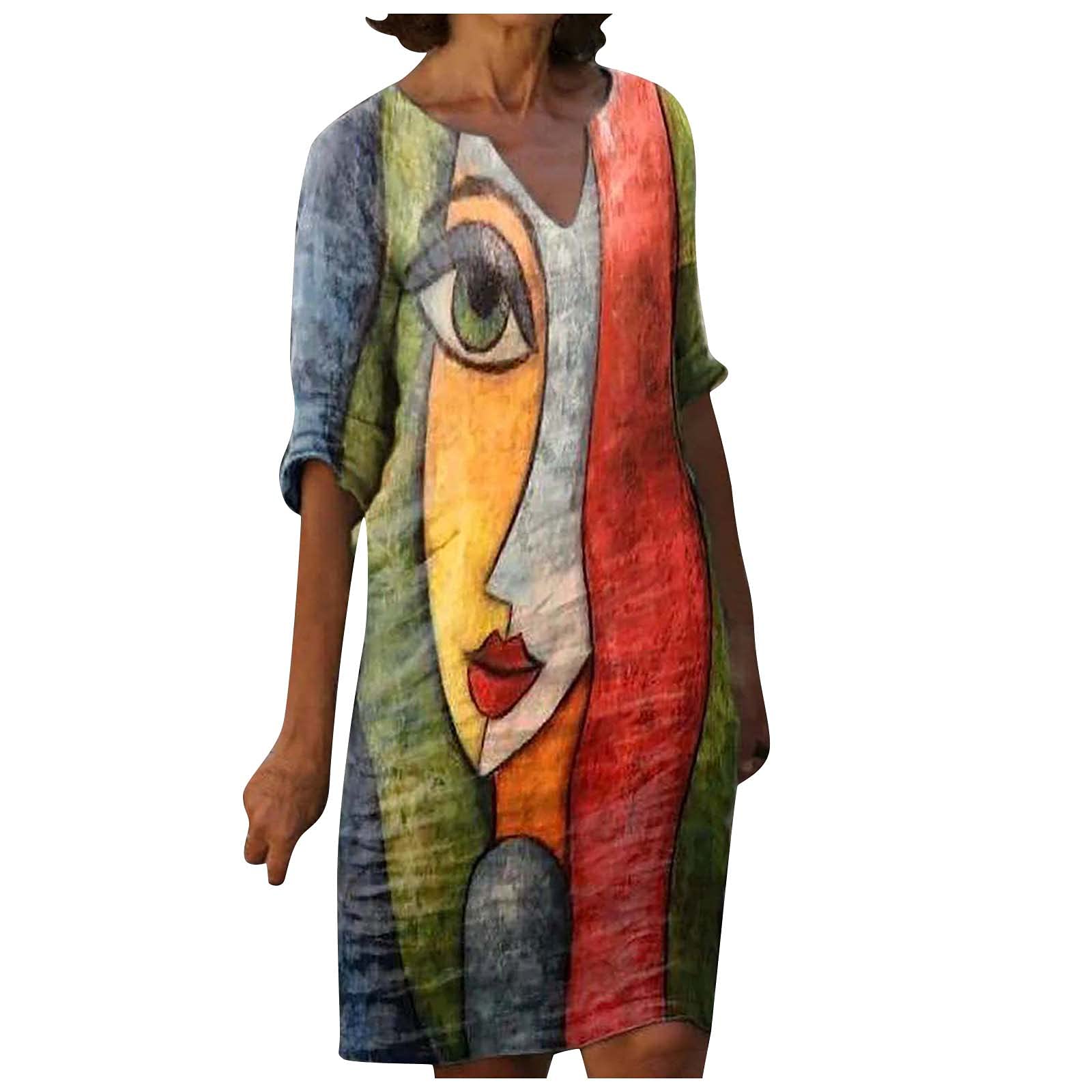 Womens Linen Dresses African Half Sleeve V Neck Knee Length | Desertcart  QATAR