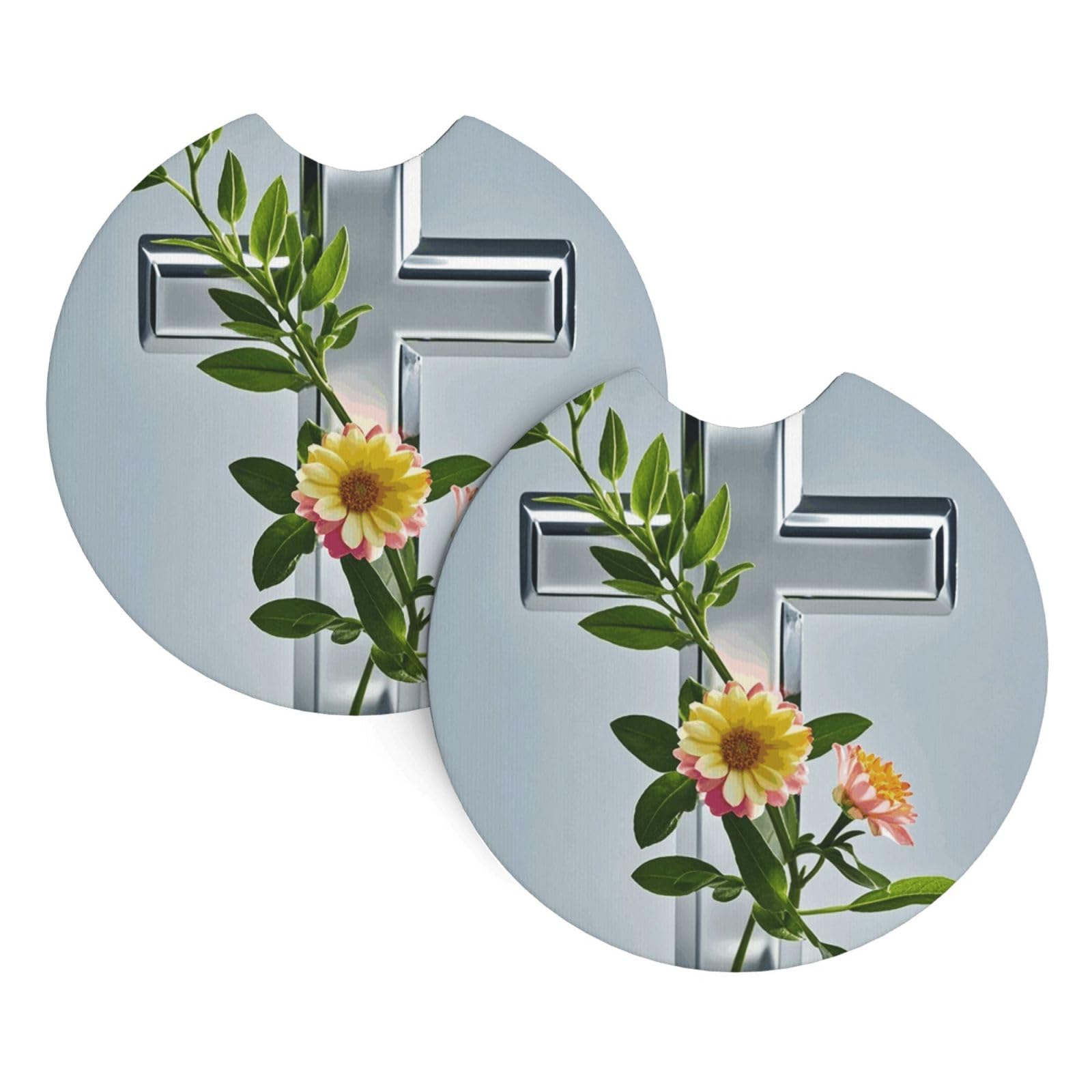 2 Pack Car Coaster for Cup Holders Flower Branches on the Cross Car Cup Coaster 2.7" Neoprene Non-Slip Automotive Cup Mat Universal Auto Car Interior Accessories for Women Men Cup Pad