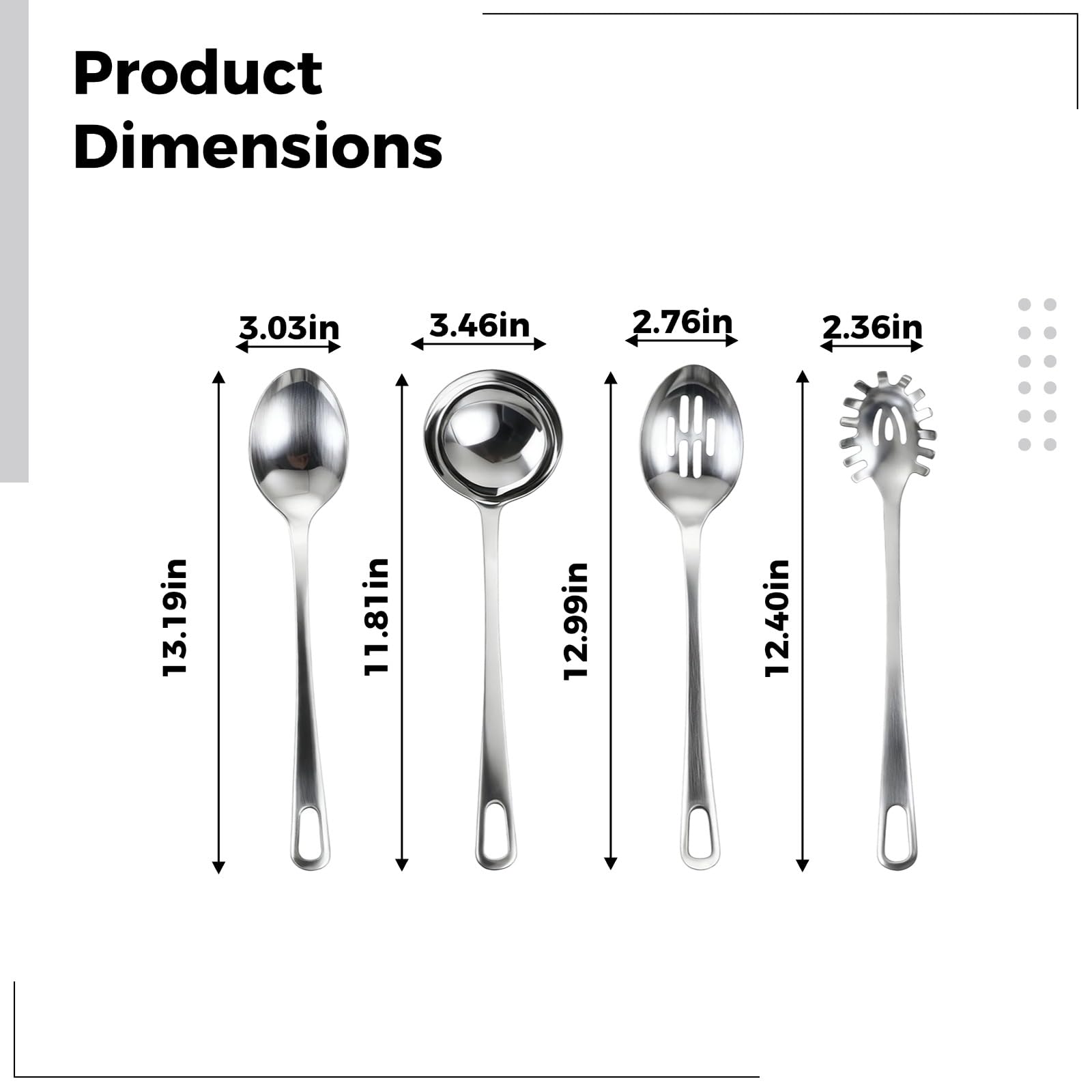 4 Stk Edelstahl Küchenutensilien Set aus 430 Edelstahl, mit Suppenkelle, Schlitzlöffel, Spaghettiheber und Kochlöffel mit langem Griff, Küchenhelfer Set für Zuhause und Küche