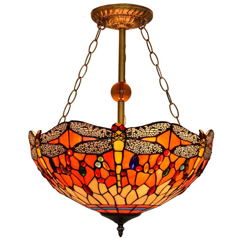 FYZDLAOR Vintage Dragonfly Pattern Tiffanystyle Inverted Pendant Lights Chandelier 16 Inches Wide 3 Light Fixture for Dining Living Room Bedroom Foyer Kitchen Entryway