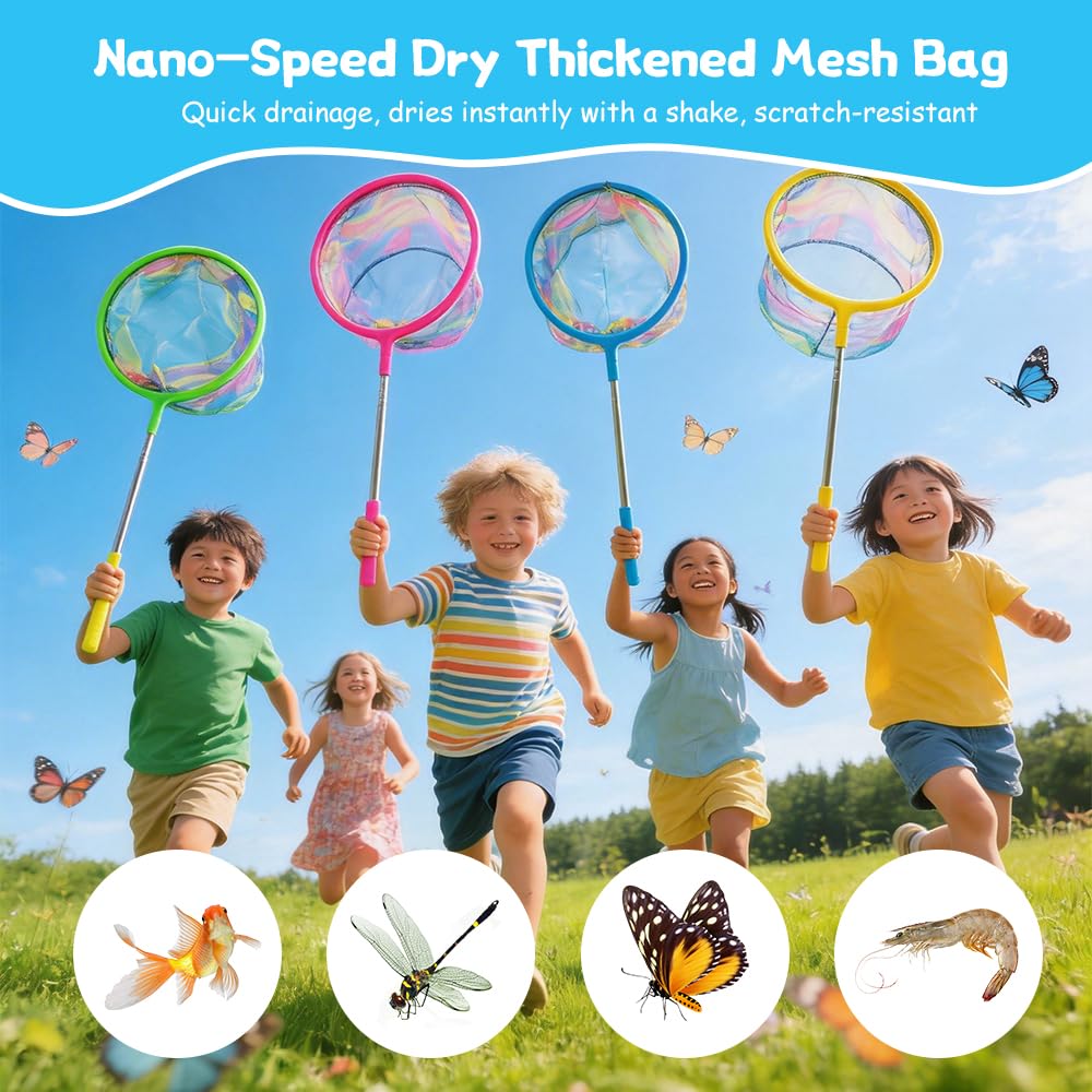 4 Stück Kescher Kinder, Teleskop Fischernetz Kinder, 31-99cm Ausziehbar Schmetterlingsnetz, Kinder Kescher für Fangen von Insekten, Schmetterlingen, Fischen, Strand, Teich, Garten, Outdoor