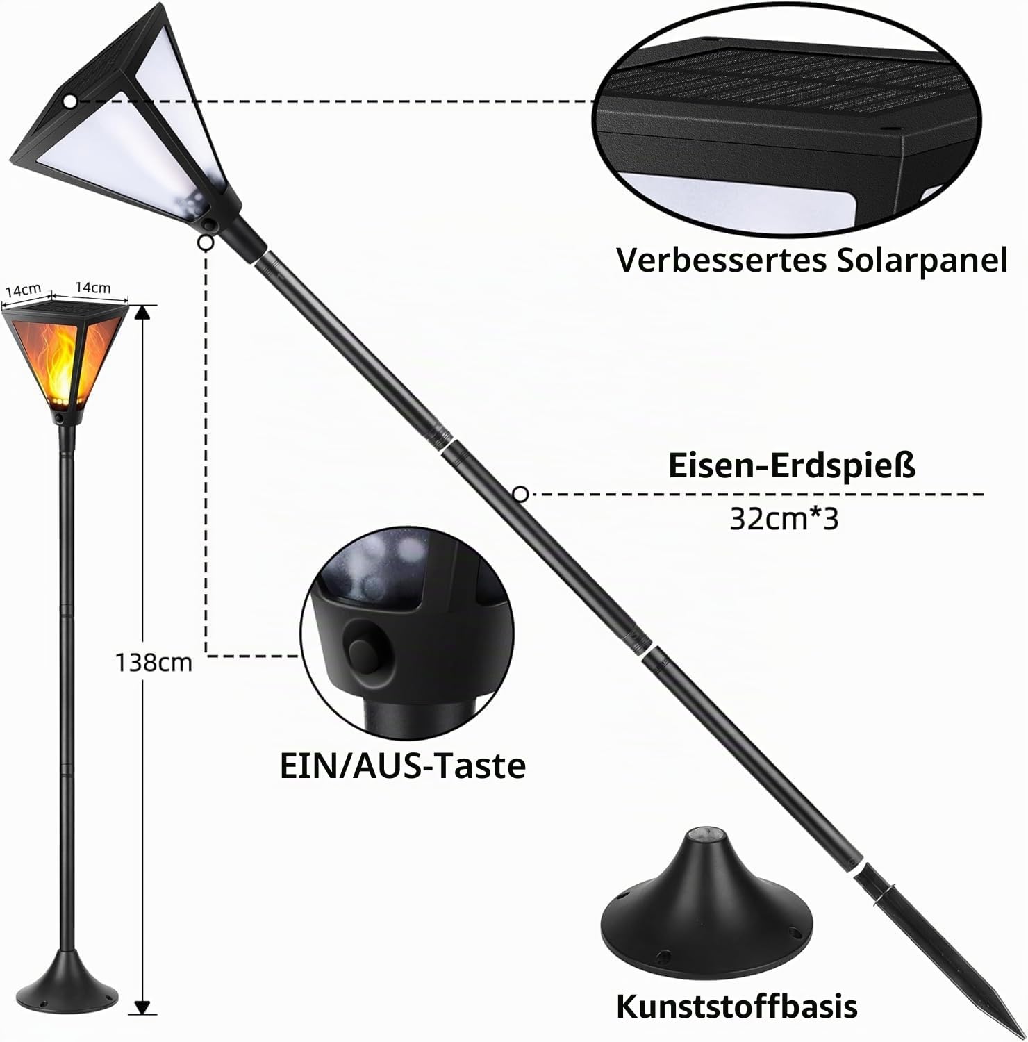 Joomer Solarlampen für Außen mit Realistischer Flammeneffekt 2 Stück 138CM