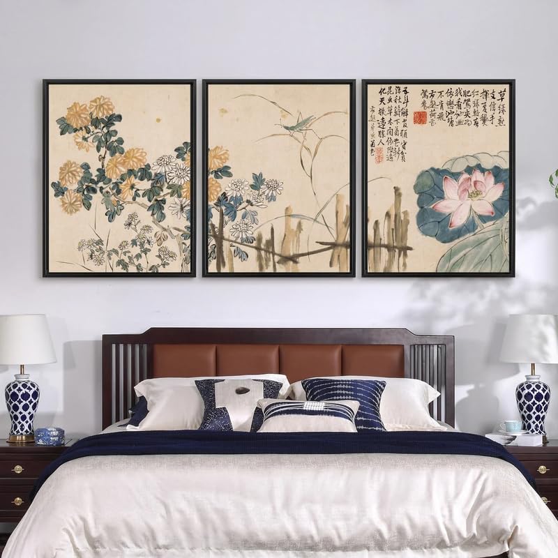 Art mural asiatique triptyque poster A4 lotus chrysanthème