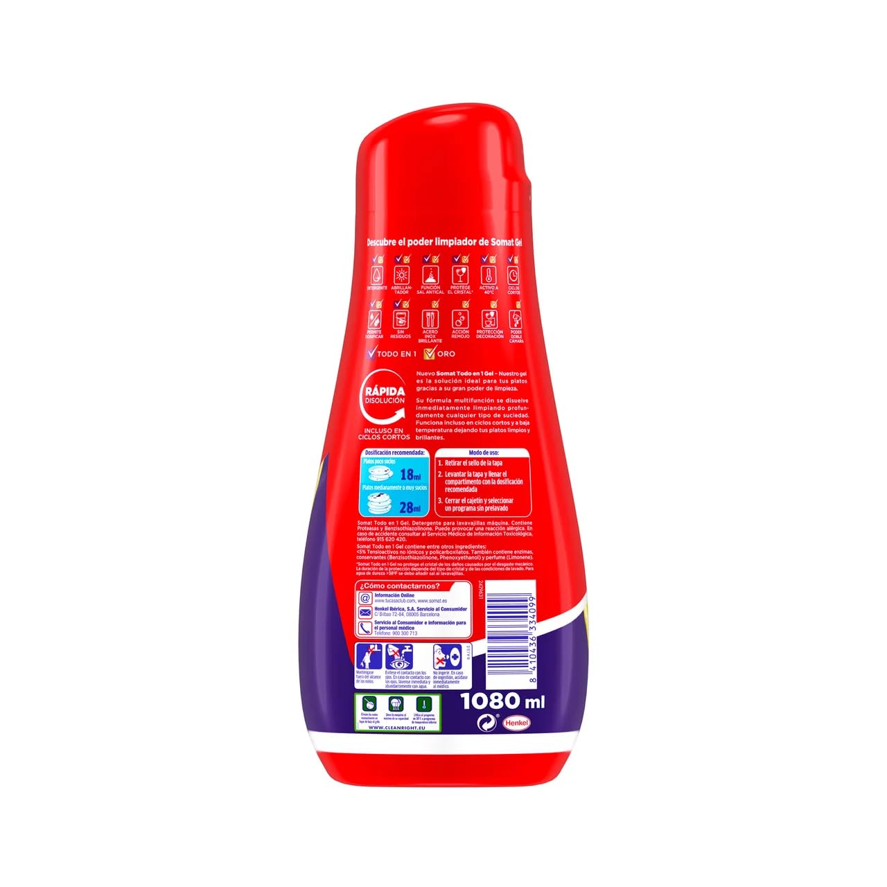 Detersivo per piatti in gel, tutto in 1 60 applicazioni, 1080 ml, confezione da 3