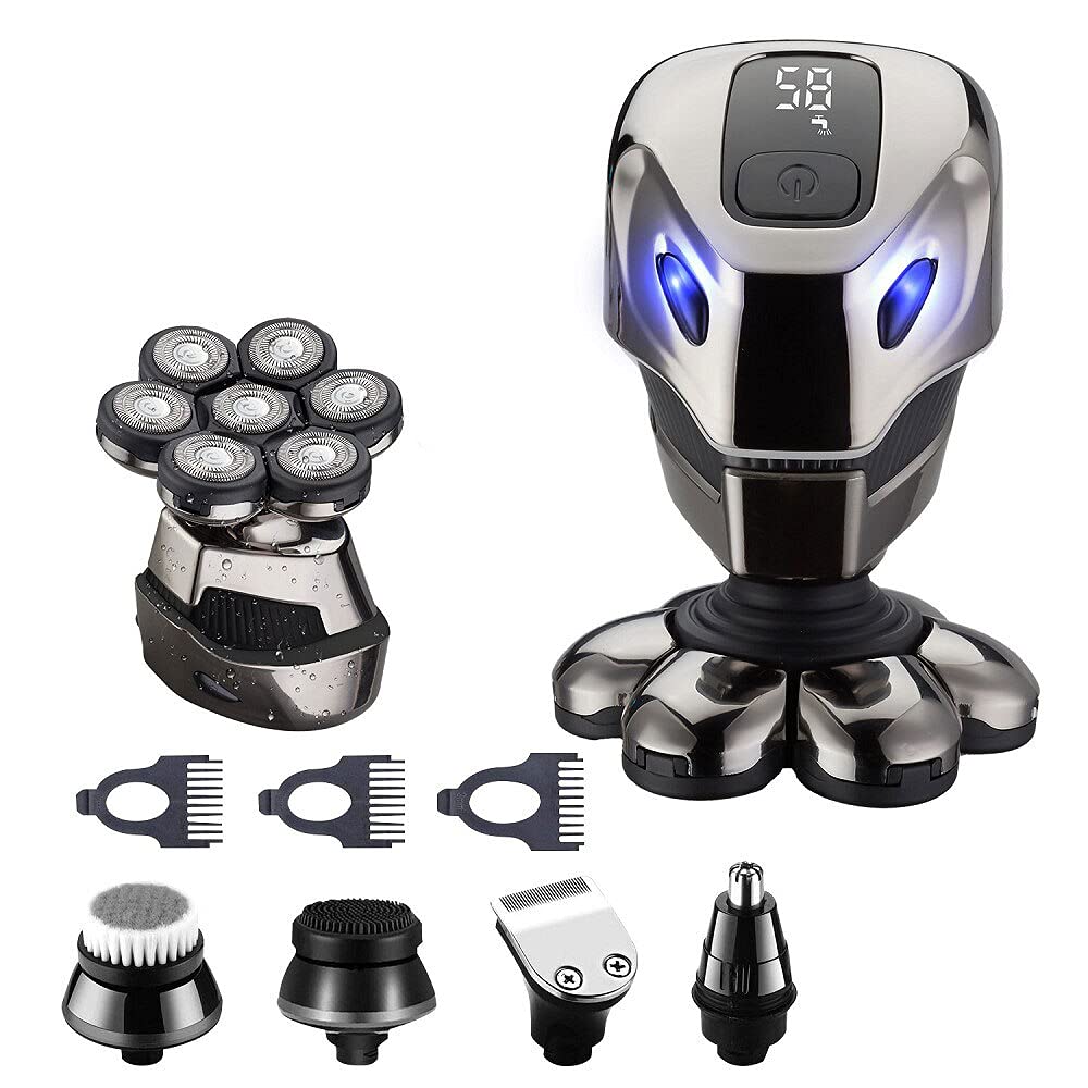 Men Electric Razor 6-in-1 Shaver Bald 7 Cutter Head Shaver Multifunctional Razor Alien Shape IPX6 Waterproof Grooming Kit