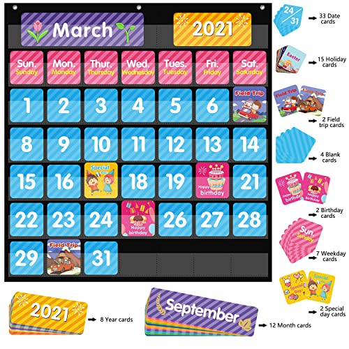 Regeleto Black Calendar Pocket Chart For Classroom With 85 Cards And 3 Hooks, Monthly Calendar And Weather Pocket Chart For Kids Learning For Home Or Kindergarten (25” X 24”) #TOP2