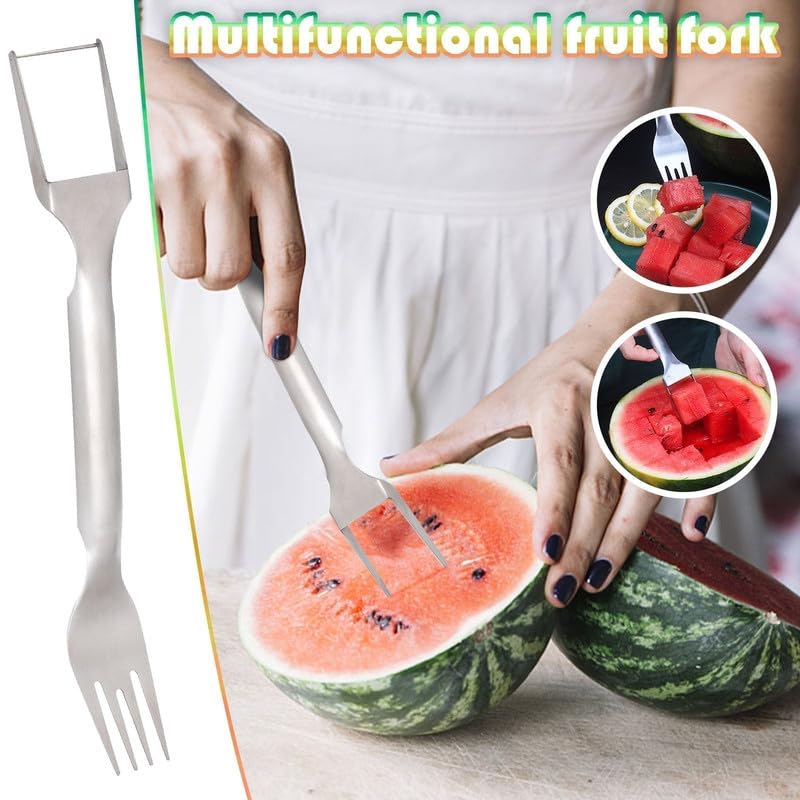 Upgraded 2-in-1 Stainless Steel Fruit Cutter, 2024 New Watermelon Fork Slicer Cutter Slicer Tool, Dual Head Fruit Forks Slicer Knife for Home Kitchen Gadget (2 Pcs)