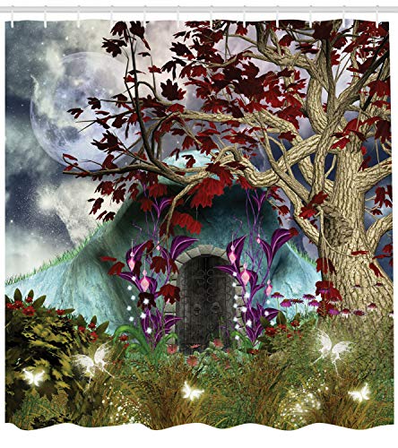 ABAKUHAUS Forest Shower Curtain, Dark Gothic Themed Fairytale Scene with Magic Tree and Secret Cave Illustration - Image 2