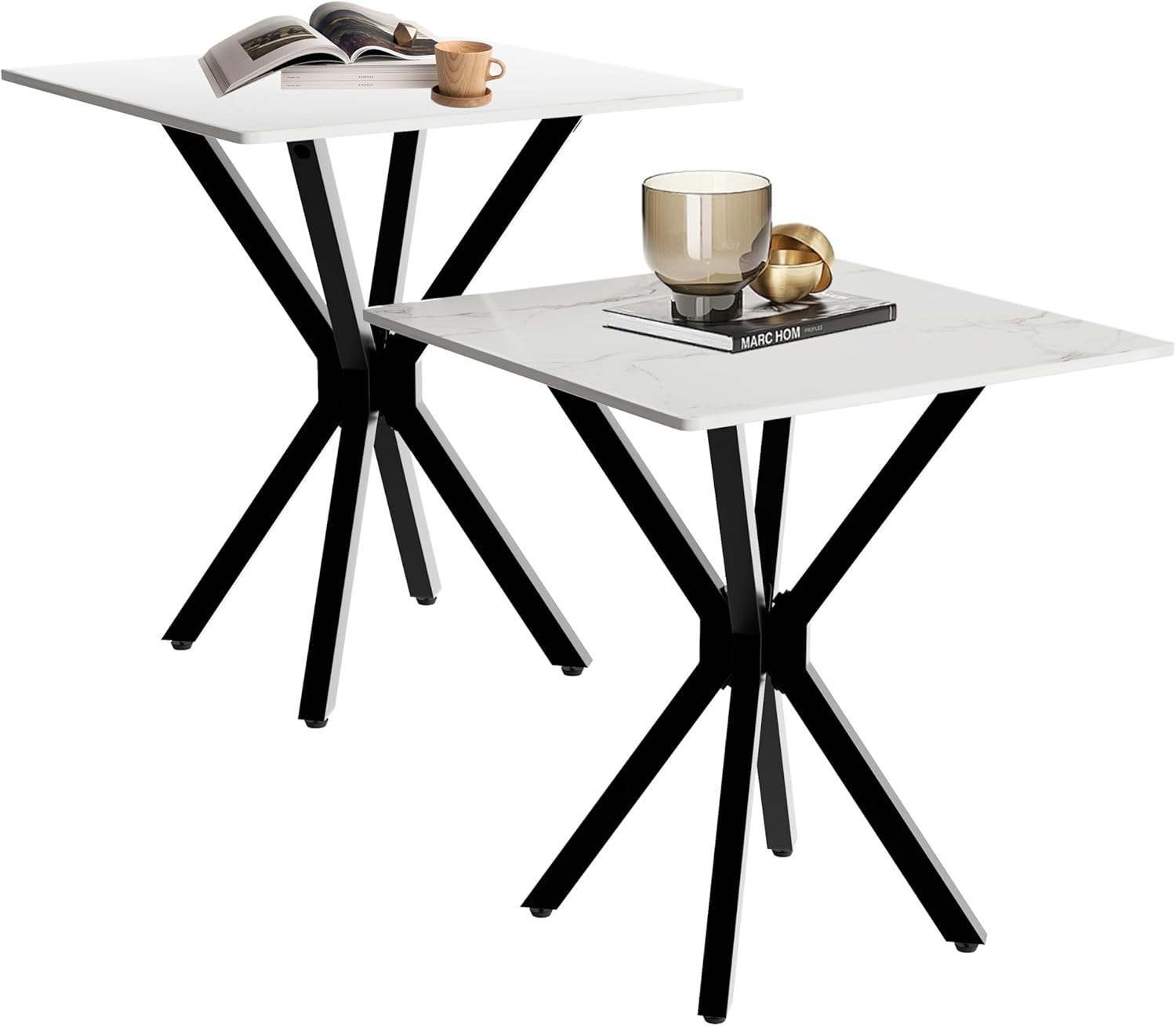 White Marble Side Table Set of 2, Modern Square End Table with Sintered Stone Top and Black Metal Legs, Small Sofa Coffee Table for Living Room Apartment (20" x 20 "x 22") Set of 2 Square