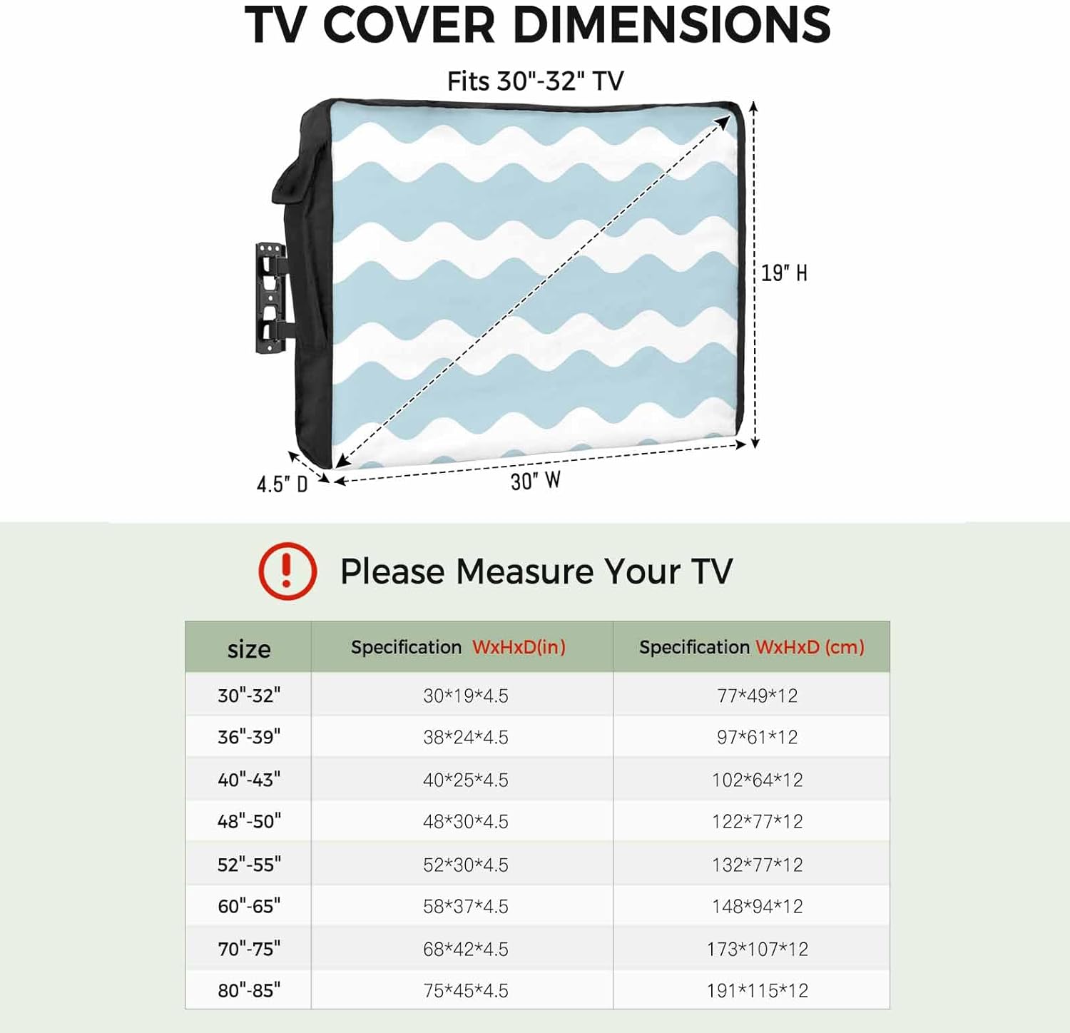 Outdoor TV Cover 65 Inch Sky Blue and White Stripes TV Enclosure Sea Wave TV Covers for Outside TV Display Screen Protector with Remote Control Pocket Home Decor