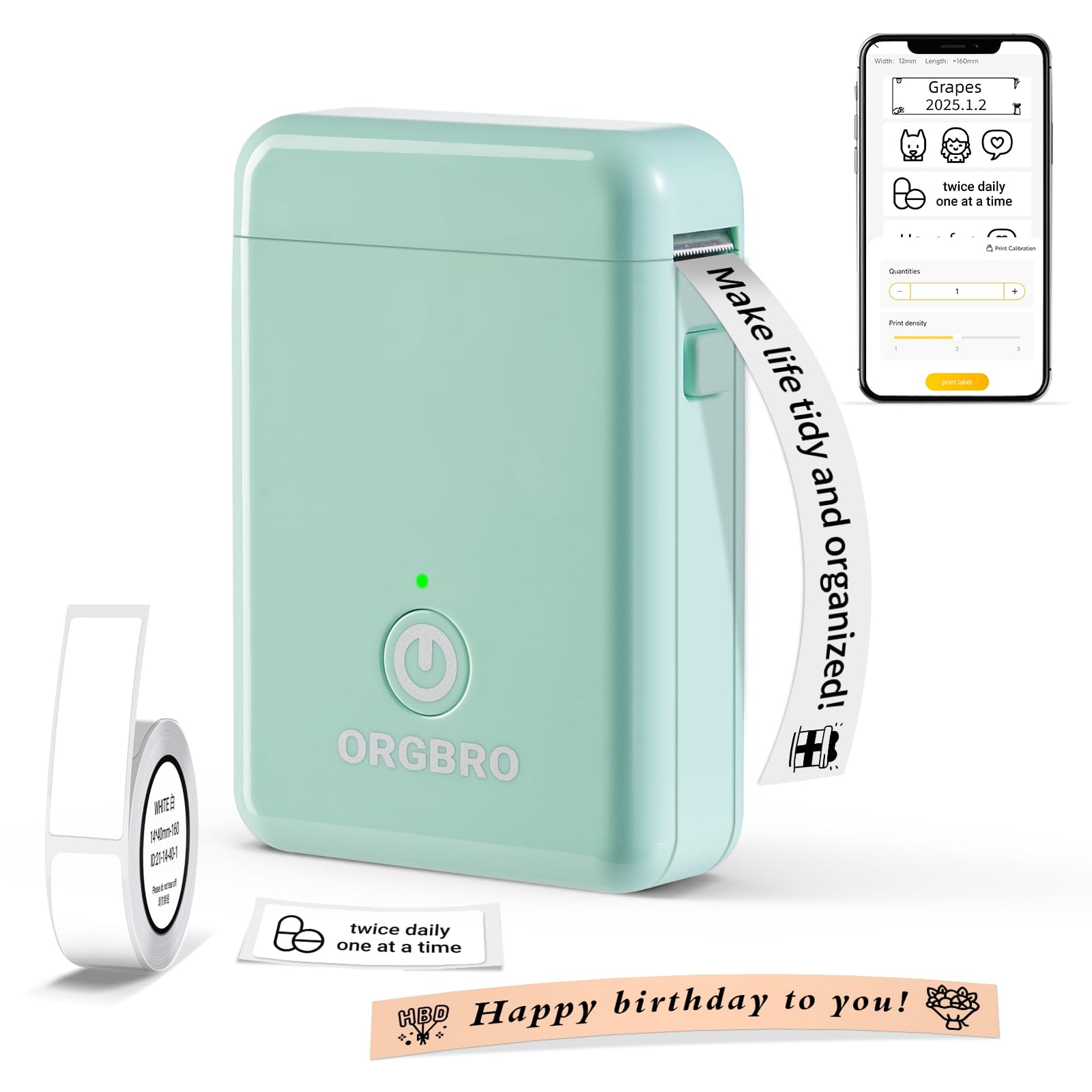 ORGBRO X1 Etiquetadoras, Impresora Térmica de Etiquetas Autoadhesivas Portátil Bluetooth Mini Label Maker Compatible con iOS/Android para Hogar y Oficina - Incluye 1 Rollo de Etiquetas (Verde)
