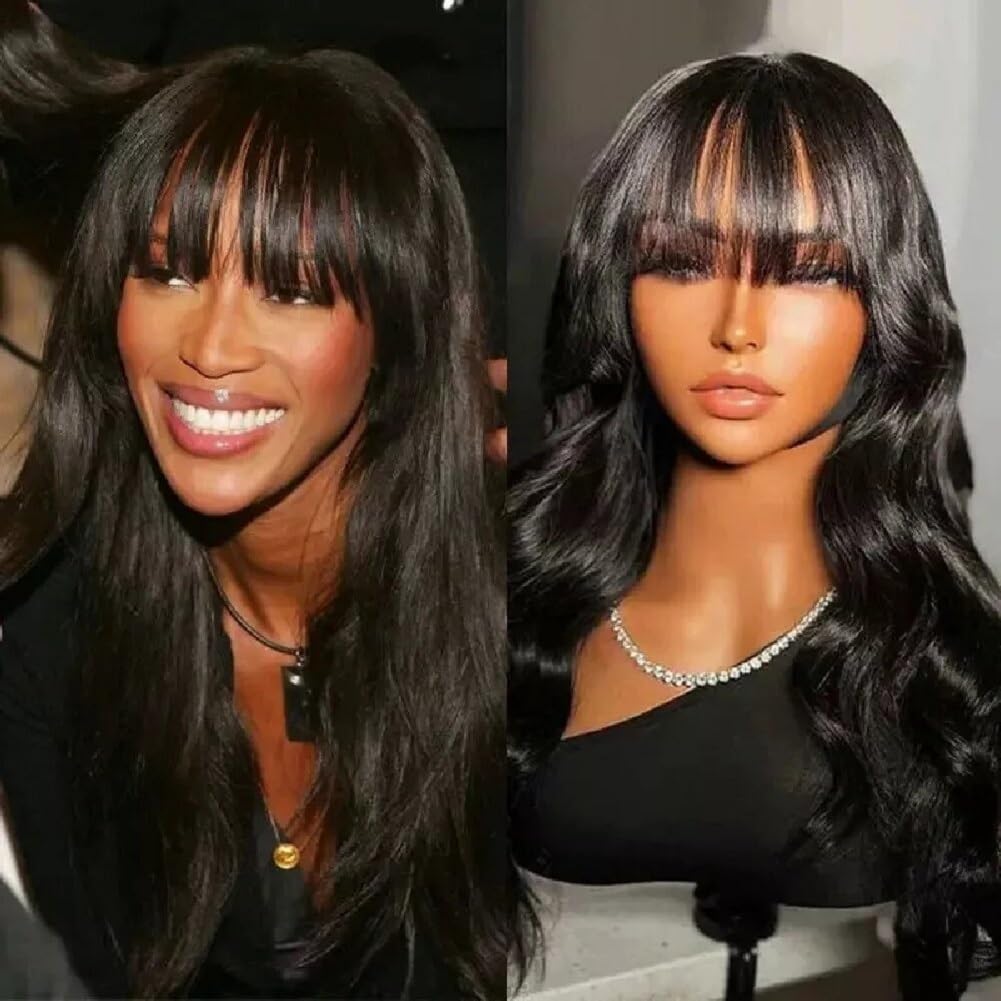 Pelucas Mujer Pelo Natural Humano 20 Pulgadas(50cm) Peluca Body Wave de Cabello Humano con Flequillo Frontal sin Encaje y sin Pegamento Densidad 180% Negro Natural para Mujer