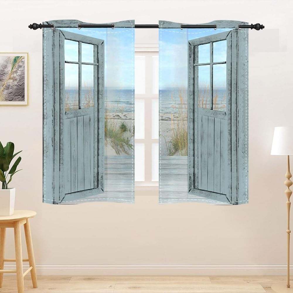 Blue Beach Barn Door Window Curtains Ocean Coastal Seaside Rustic Plant Nature Scenery Window Drapes Retro Farmhouse Wood Plank Western Window Treatments Decor 2 Panel Set,52x96inch