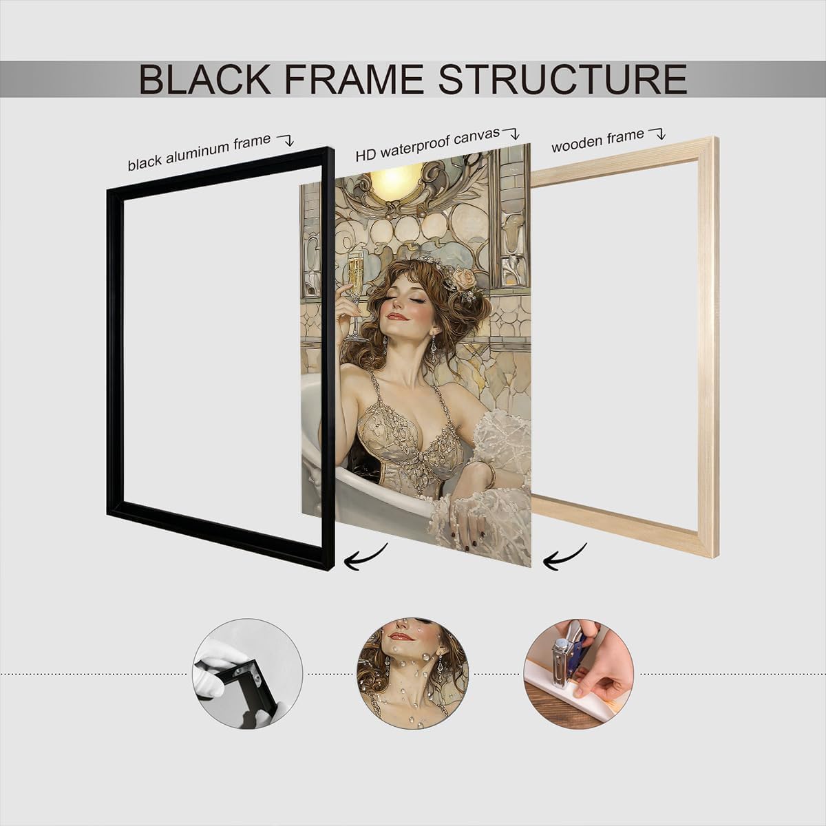 Trendy Bathroom Woman Canvas Posters Elegant Glamour Girly Wall Art Champagne Bath Aesthetic Prints Painting For Living Room Restroom Toilet Wall Decor 24x36in Framed