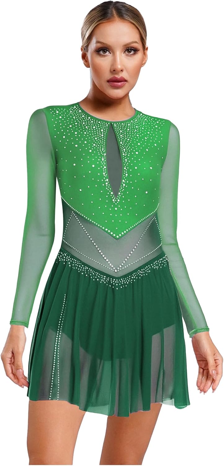 Womens Rhinestones Figure Ice Skating Dress Color Block Long Sleeve Ballet Dance Skating Costume
