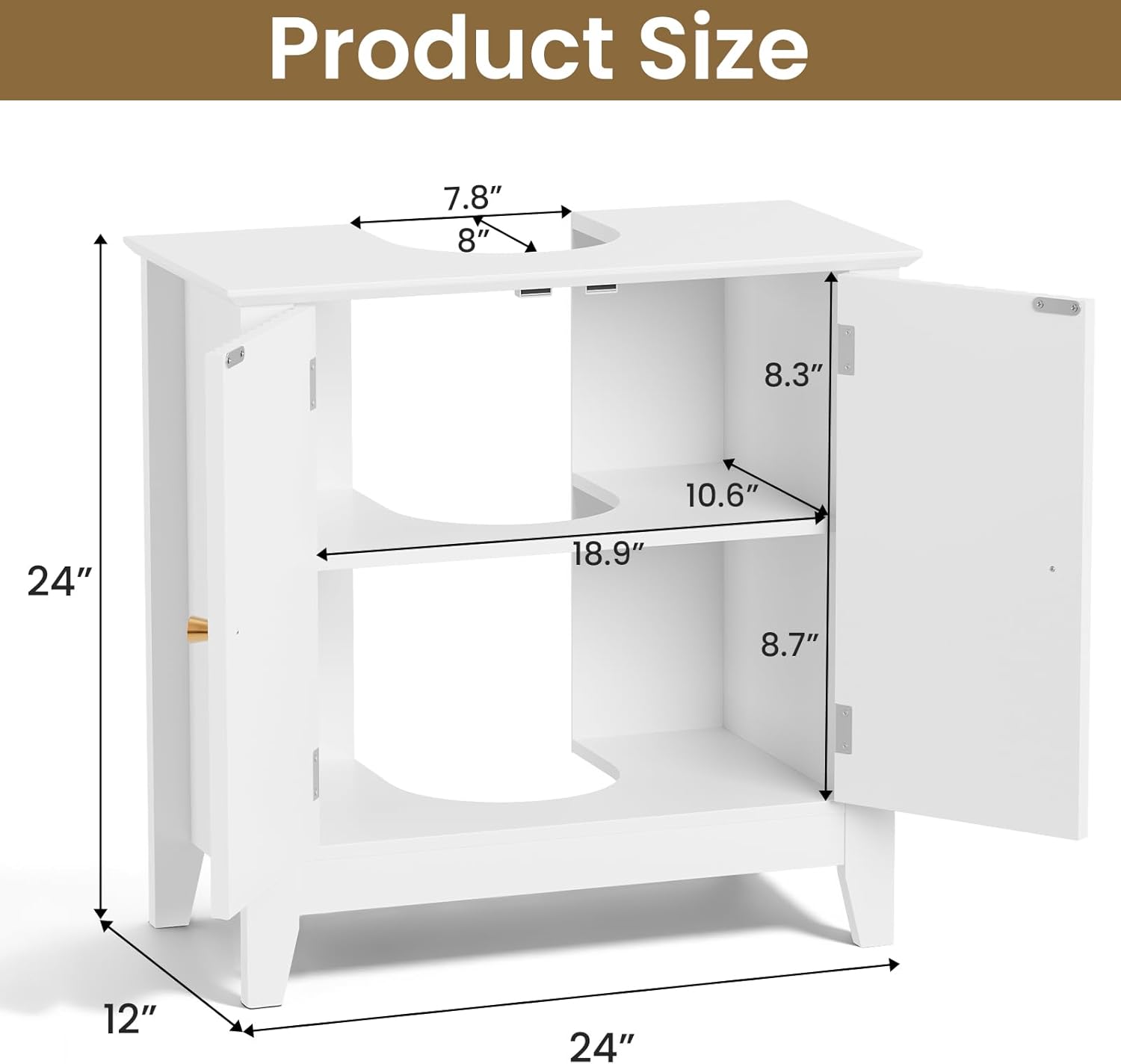 Under Sink Bathroom Cabinet with U-Shape Cutout for Pedestal Sink, Storage Cabinet with 2 Doors, Adjustable Shelf, Freestanding Floor Cabinet, Space-Saving Organizer for Bathroom (White)